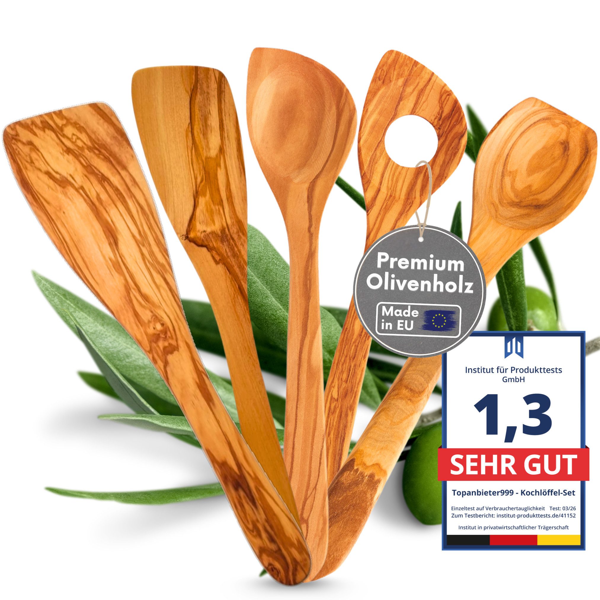 Topanbieter999 Kochbesteck-Set (3 Kochlöffel, 2 Wender), Hochwertiges Olivenholz, Hergestellt in der EU