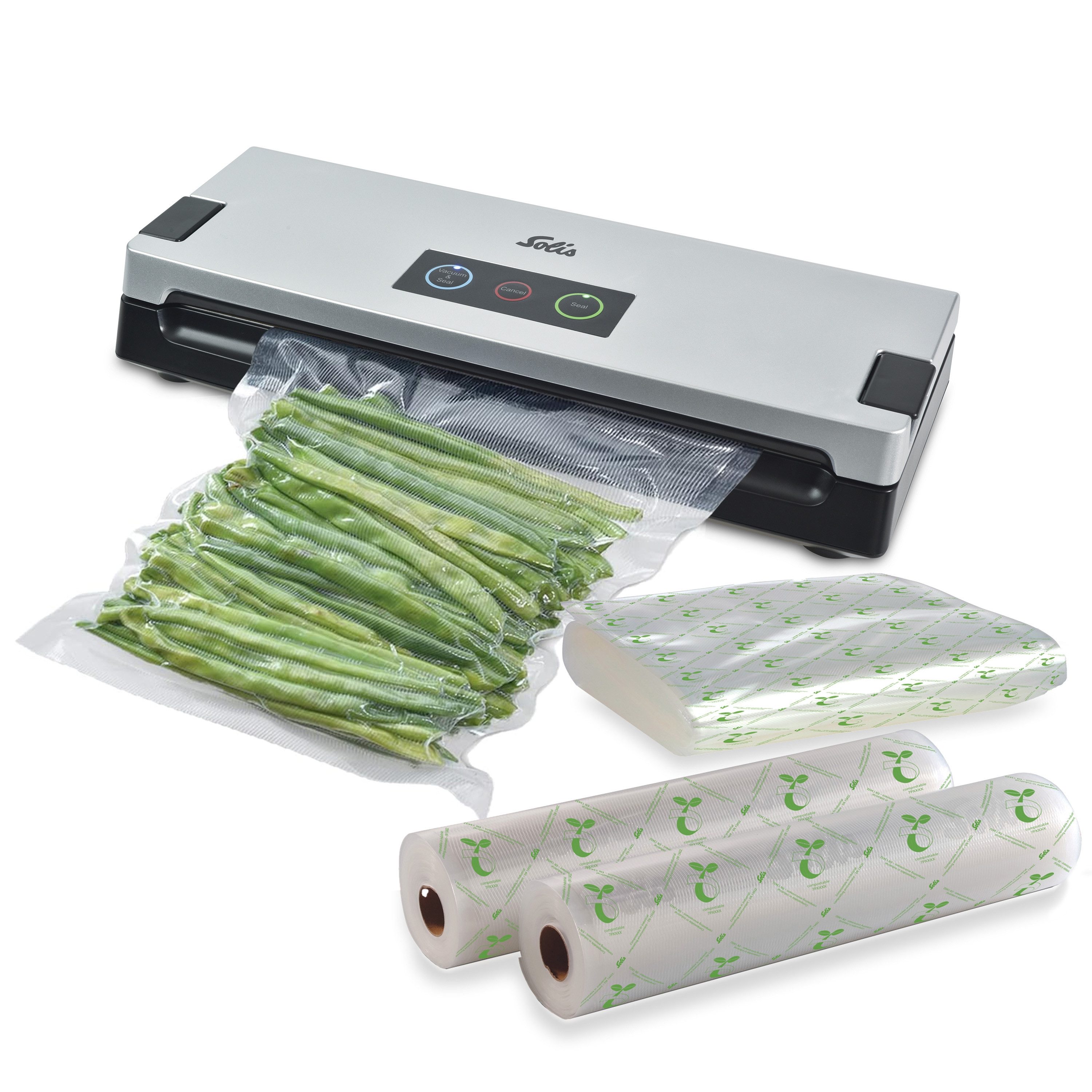 SOLIS OF SWITZERLAND Vakuumierer Vac Smart, Typ 574, Vorteilspack, Rollenbreite 30 cm, 110W, 2,5mm Schweißnaht, auto Versiegelung, inkl. 50 Beutel & 2 Rollen