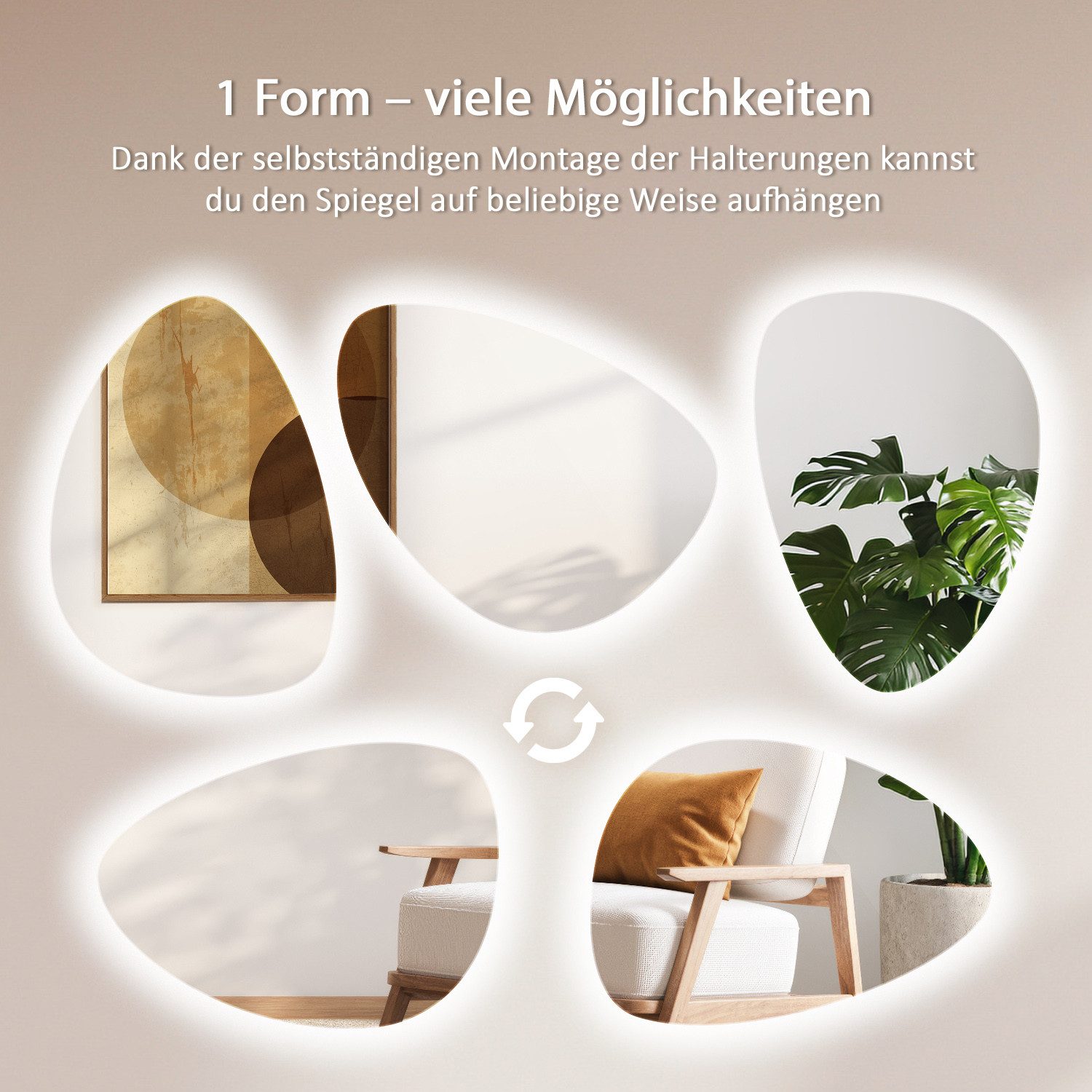 Tulup Dekospiegel Unregelmäßiger Premium-LED-Badezimmerspiegel, fertig zum Aufhängen, eiförmiger Spiegel LED, Warmweiß 3000K – Bild 5 von 5