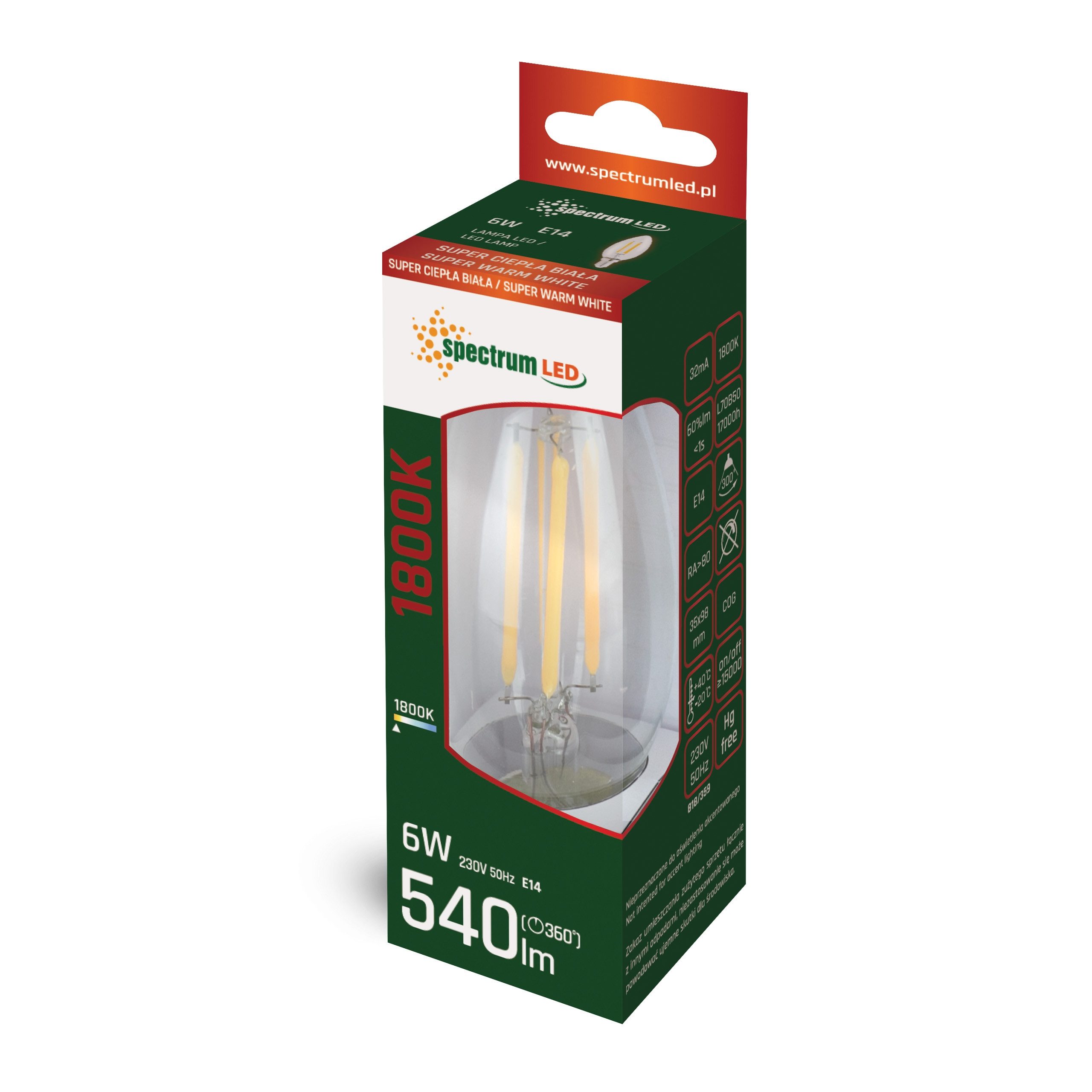 Spectrum LED-Leuchtmittel LED E14 C35 Filament klar 6W 230V 540lm Kerze 300° Extra Warm 1800K, E14, Extra Warmweiß, Filament klar, Extra Warmweiß