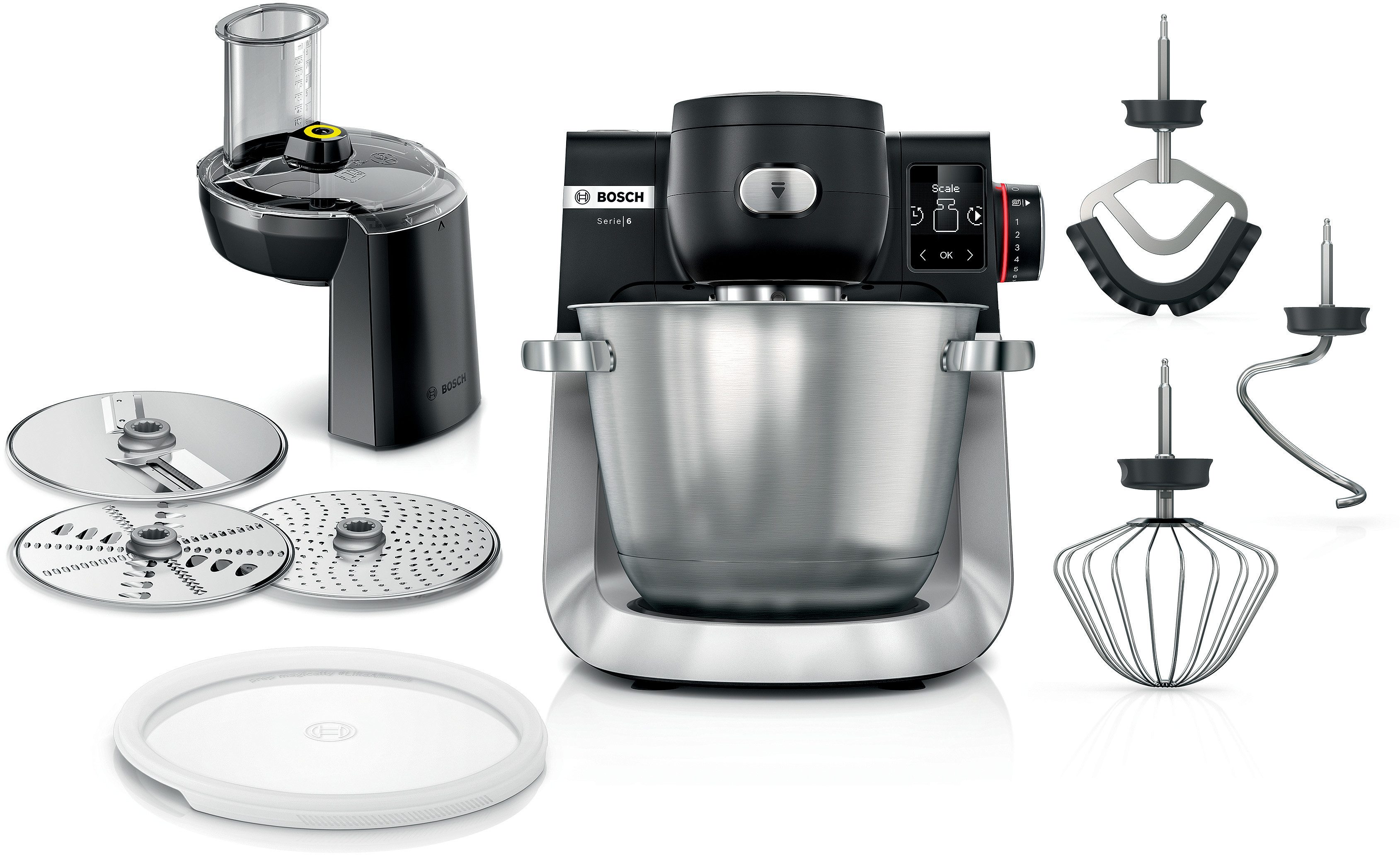 BOSCH Küchenmaschine MUMS6ZS19D, 7 Automatikprogramme, Waage, Timer, 1600 W, 9,8 l Schüssel, 5,5l Schüssel Edelstahl, spülm.fest, Durchlaufschnitzler, 3 Scheiben