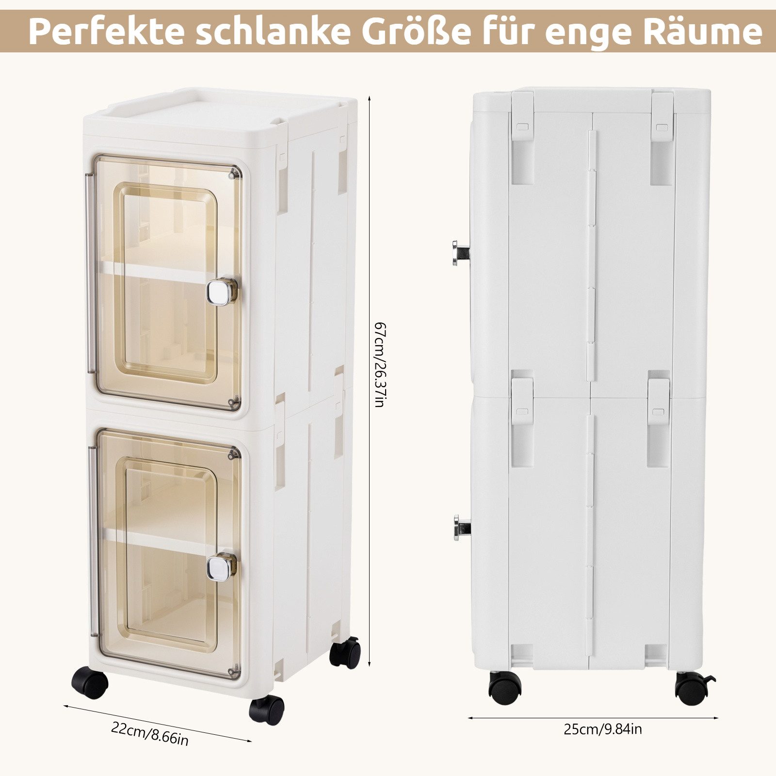 BlingBin Aufbewahrungsbox Stapelbox mit Tür und Rollen, 4‑2 Ebenen schmaler Badezimmerschrank (2er Set, 2 St., 22B x 25T x 67H cm), 22 x 25 x 67 cm, Organizer m – Bild 2 von 5