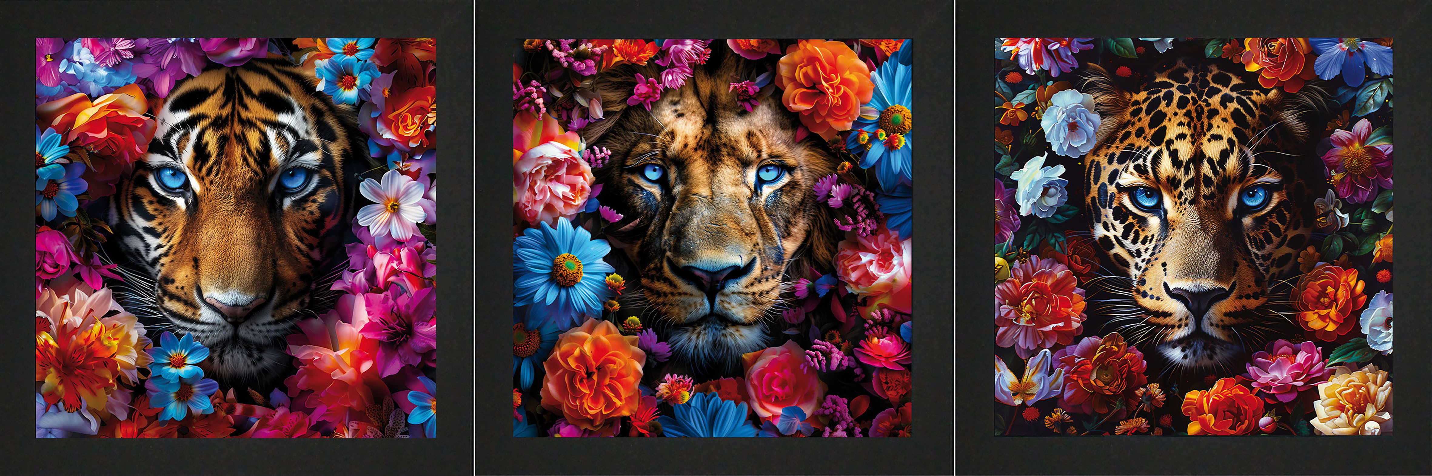 Bönninghoff Bild mit Rahmen, Blumen, Blumenbilder, Kunst, Löwen, Raubkatzen, Tiere, Tiger (3 St)