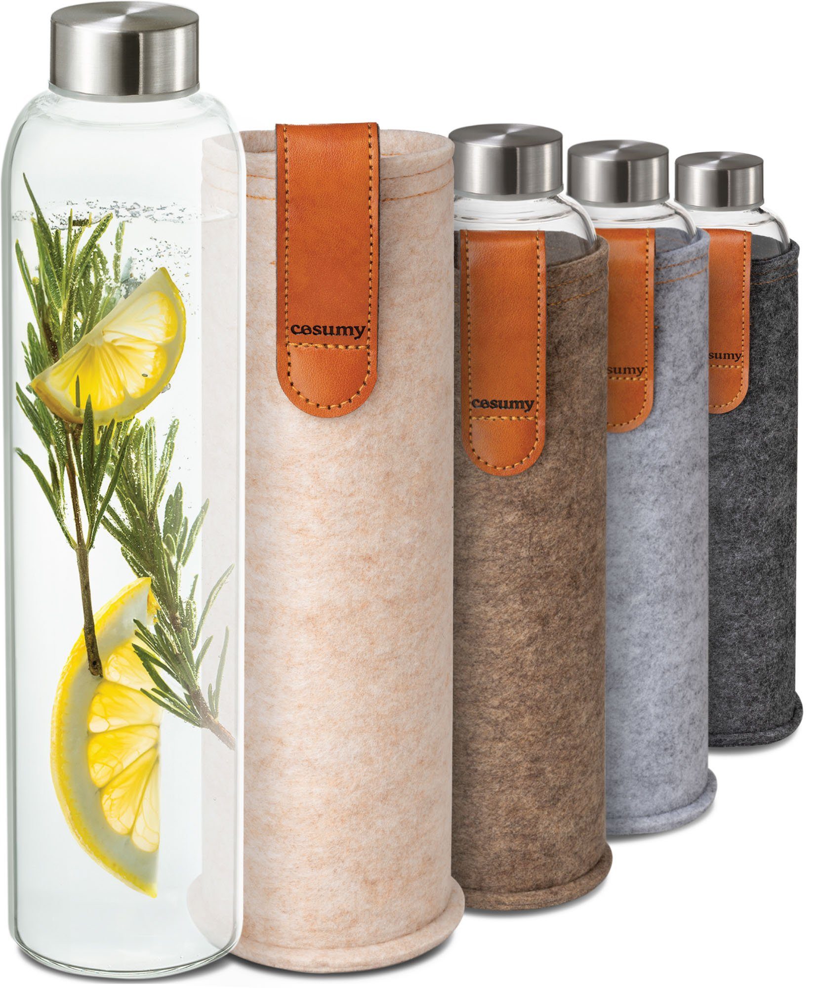 Cosumy Trinkflasche 750ml mit Filzhülle - Robustes Borosilikatglas - Auslaufsicher, Anthrazit - BPA-freie Wasserflasche - für Kohlensäure geeignet Beige