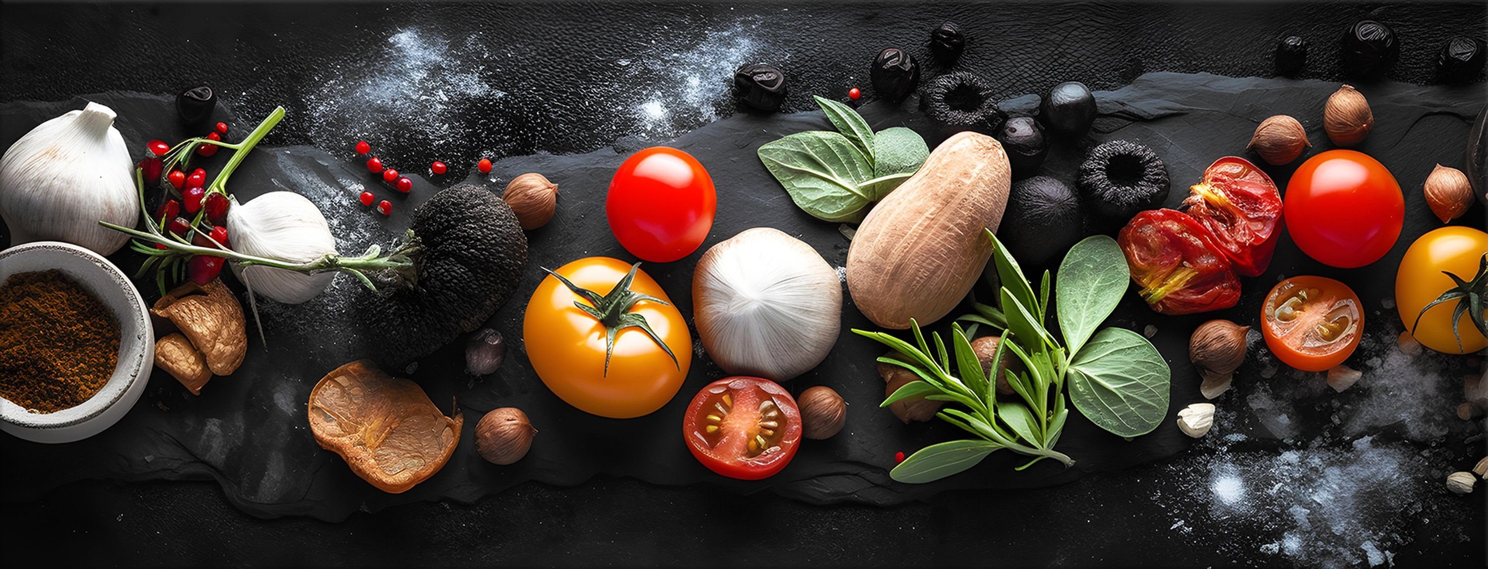 Glasbild Gemüse Italien und Kräuter, Bild Gourmetküche aus Küche 80x30cm Glasbild Essen Trinken: artissimo Glas Küchenbild