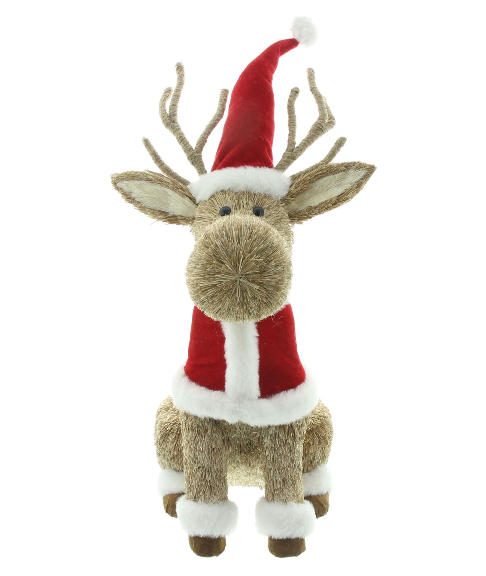Dekoleidenschaft Weihnachtsfigur Rentier "Weihnachtsman" aus Stroh, Weihnachtsdeko 56 cm groß, mit Weihnachtsmannmütze und Mantel