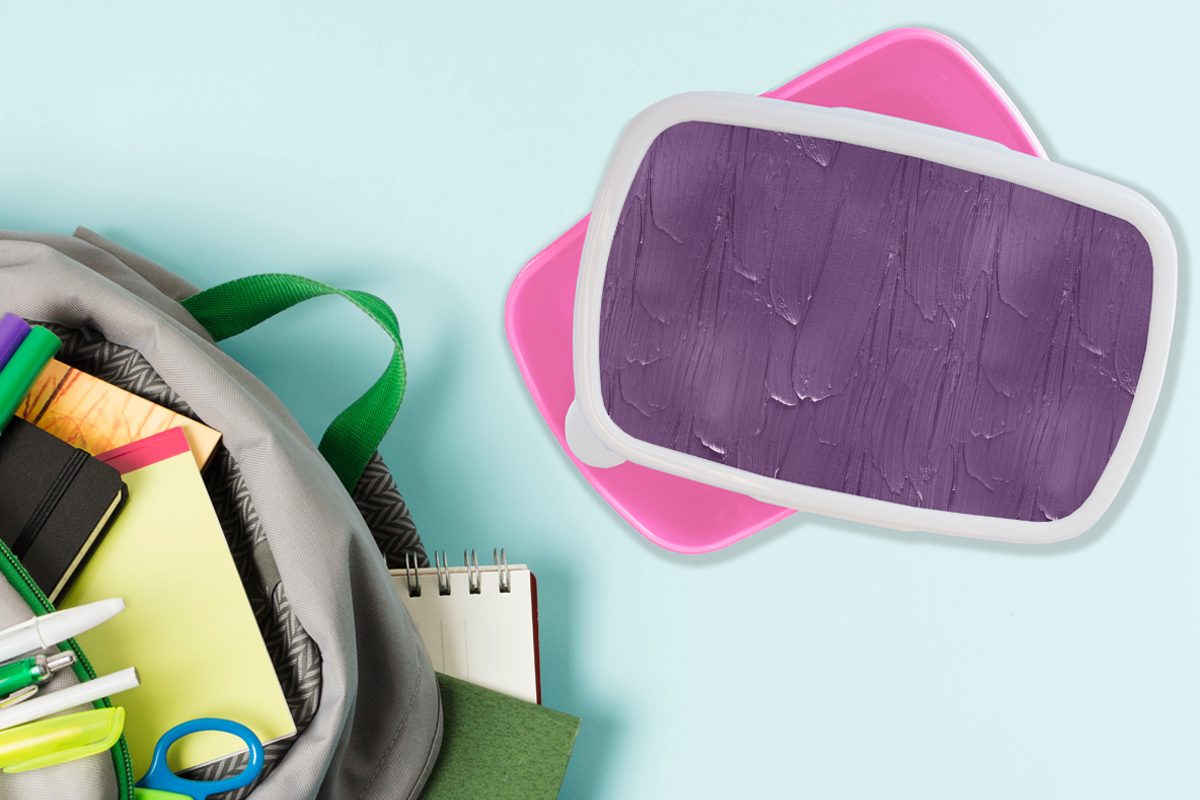 MuchoWow Lunchbox Farbe Mädchen, Kunststoff, Lila Brotdose Brotbox - Kinder, Erwachsene, (2-tlg), - rosa Kunststoff Muster, für Snackbox