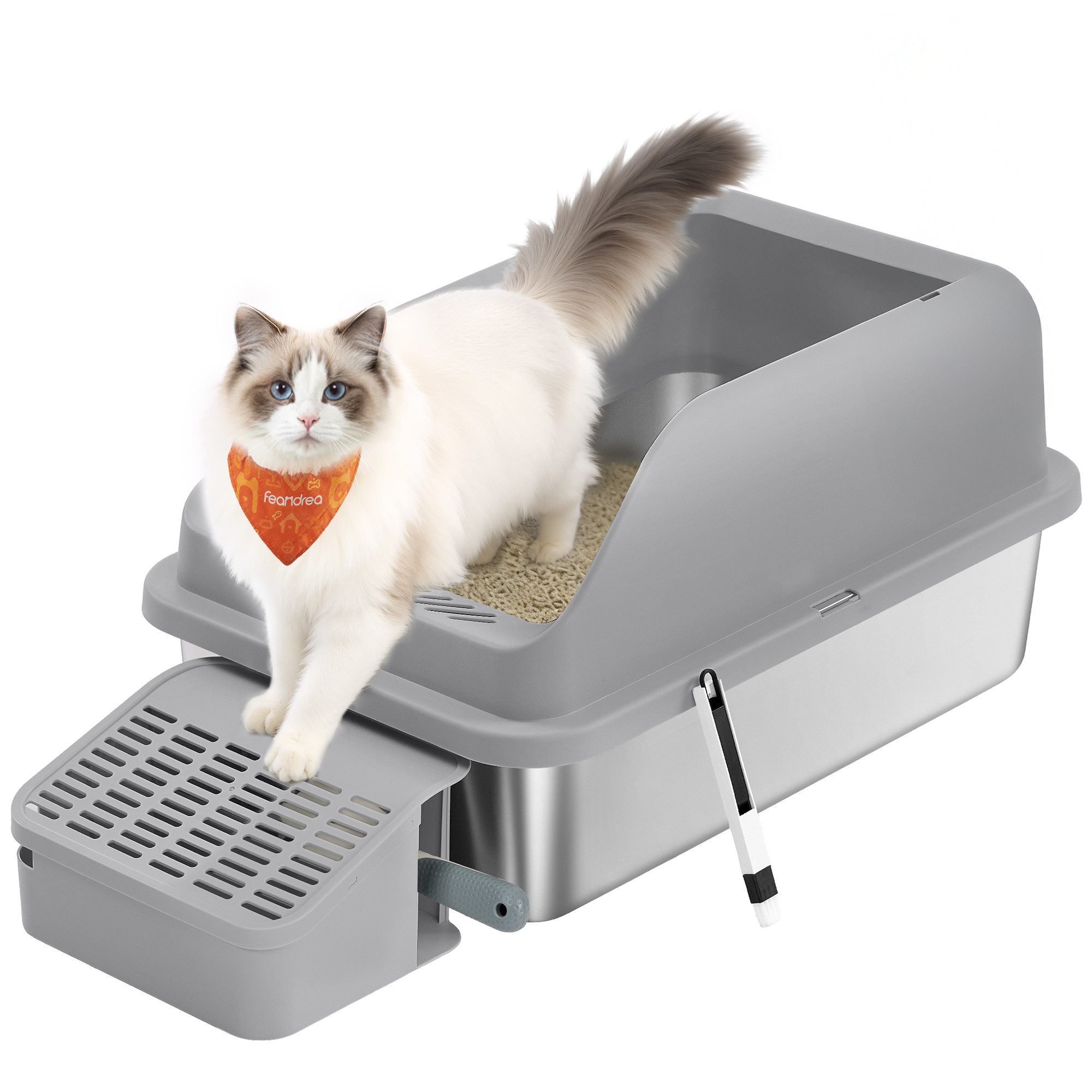 FEANDREA Katzentoilette Edelstahl, mit hohen Seitenwänden, Trittstufe, Schaufel, Bürste, offenes Design, für Katzen bis zu 15 kg, 62 x 42 x 30 cm (L x B x H)