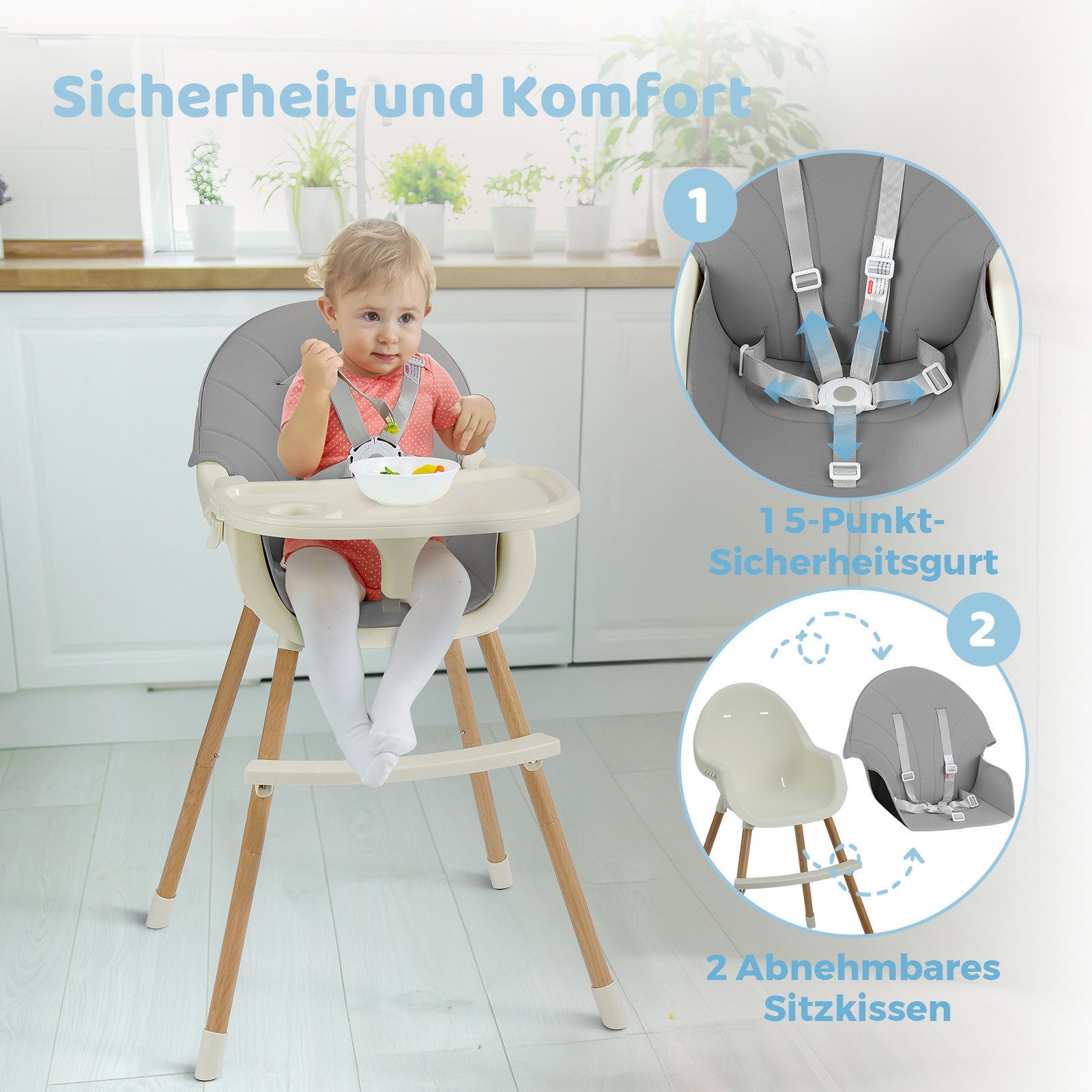 Dripex Kinderstuhl Baby Essstuhl höhenverstellbar mit Holzbeinen, Tablett – Bild 4 von 5