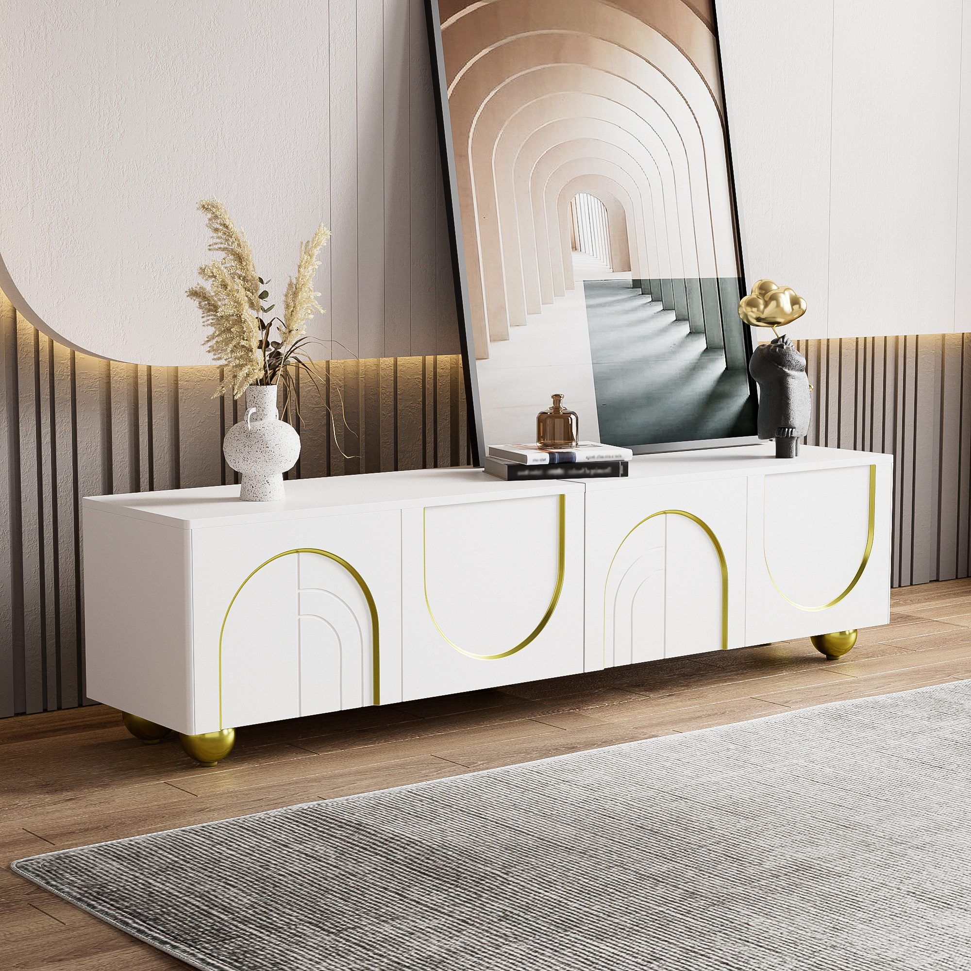Odikalo TV-Schrank TV-Schrank Weiß, Lowboard mit 3 Türen und offenen Ablagen,170*38*44CM (Funktionales TV-Board: Bietet Platz für Konsolen, DVDs und Deko; Zeitloses weißes Finish kombiniert mit edlen goldenen Akzenten; Stabile Standfüße für optimale Bodenhaftung; Einfache Montage inklusive Anleitung) Modernes TV-Möbel mit goldenen Details, Sideboard für Wohnzimmer