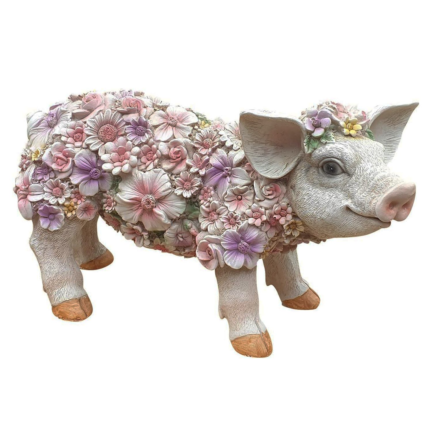 Tierfigur Schweinchen stehend mit Blumen lustige Gartendeko Ferkel