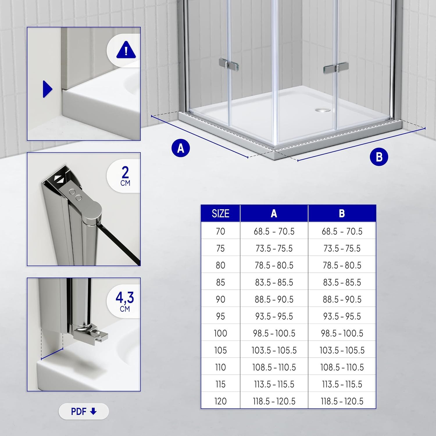 i-flair Eckdusche Falttür Duschkabine EMMA aus durchsichtigem 6 mm Sicherheitsglas, BxT: 75x75 cm, Einscheibensicherheitsglas, ohne Duschtasse, mit hochwertigen Aluminiumprofilen in silber, ebenerdiger Einbau möglich, mit Falttüren