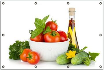 Wallario Sichtschutzzaunmatten Frische Salatzutaten mit Kräuter-Öl - Tomaten, Gurke, Petersilie, rund