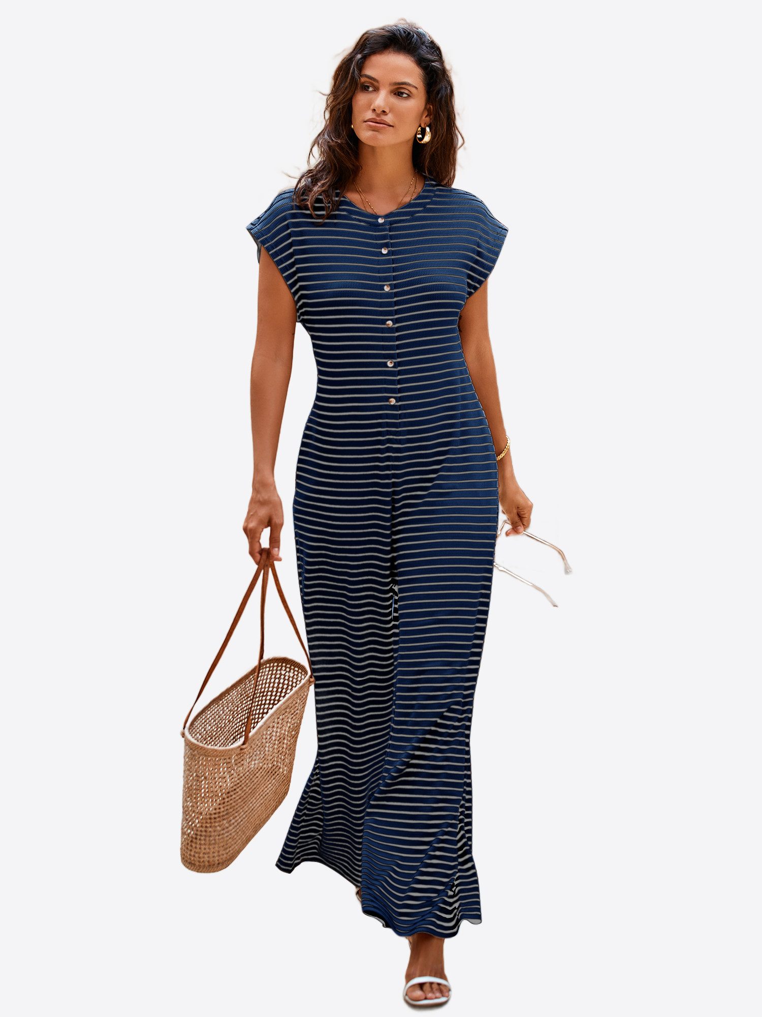 Imily Bela Jumpsuit Damen Hausanzug Homewear Gestreift Weit Bein Waffelstrick Sommer Loose (Packung, 1-tlg., 1per-Pack) mit Knopfleiste gehäkelt