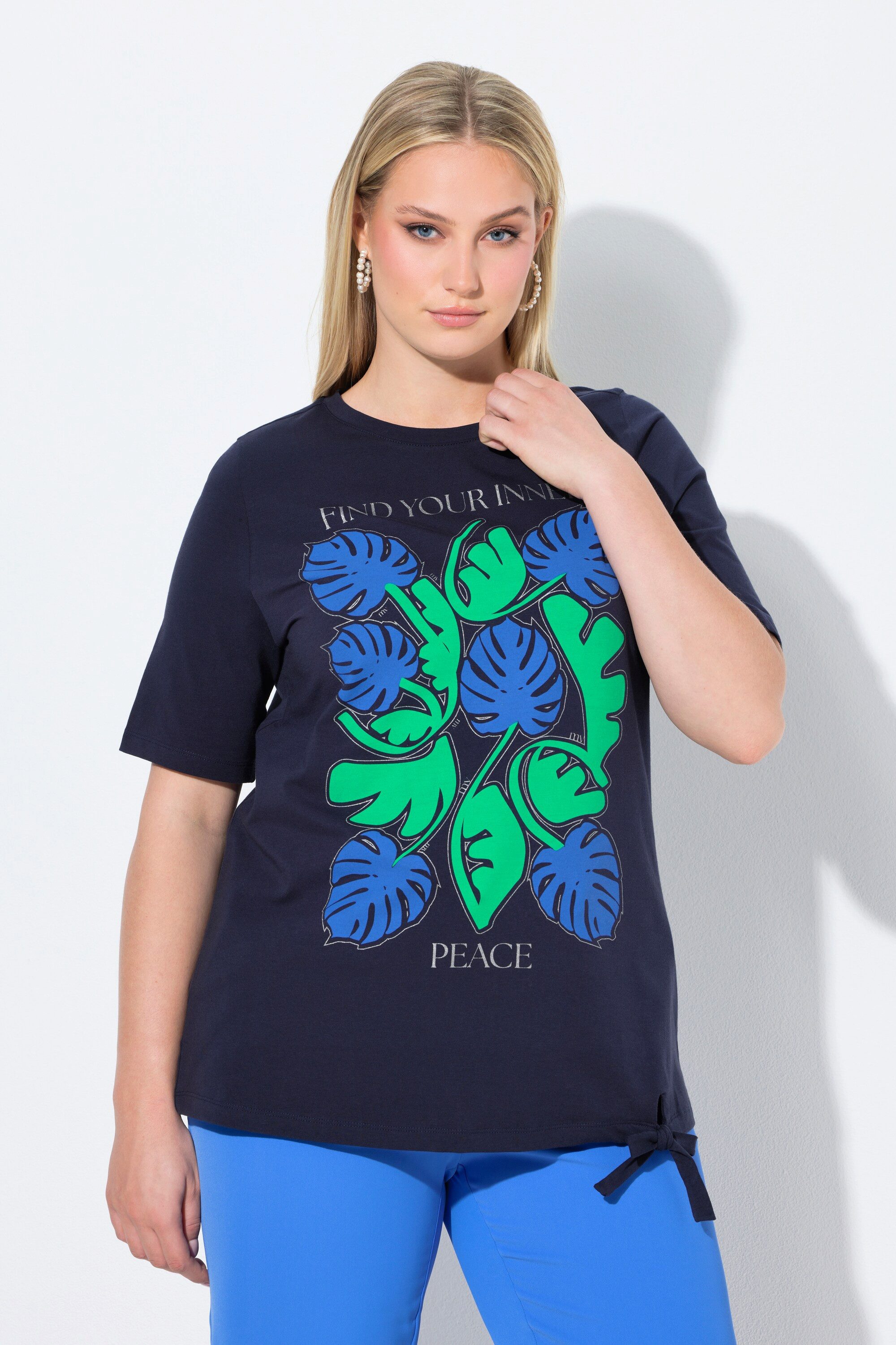 T-Shirt T-Shirt Blätter Saumband Rundhals Halbarm