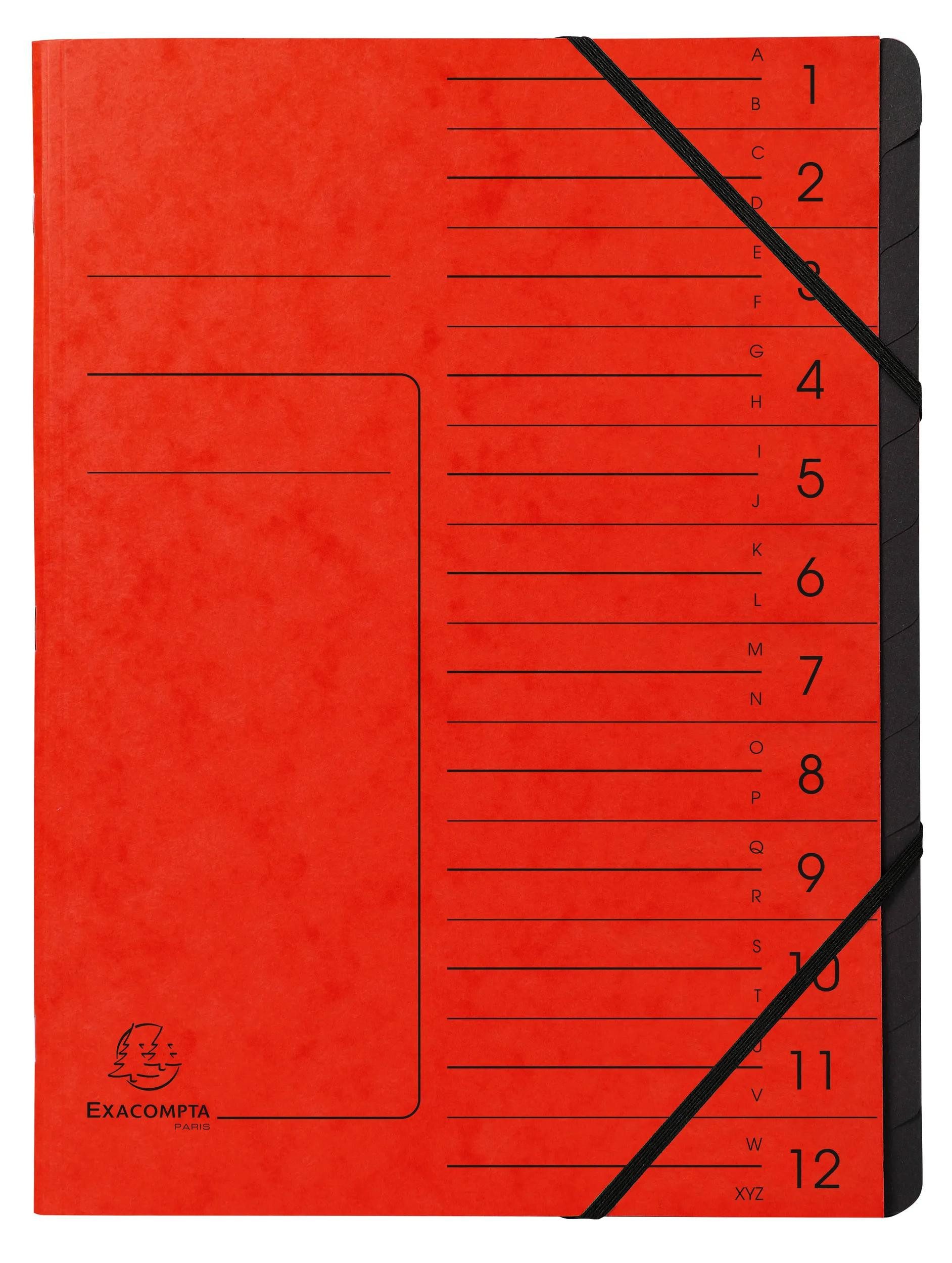EXACOMPTA Organisationsmappe 10x Ordnungsmappe + Gummizug innen schwarz 12 Fächer A4 Rot 541205E, Ordnungsmappen