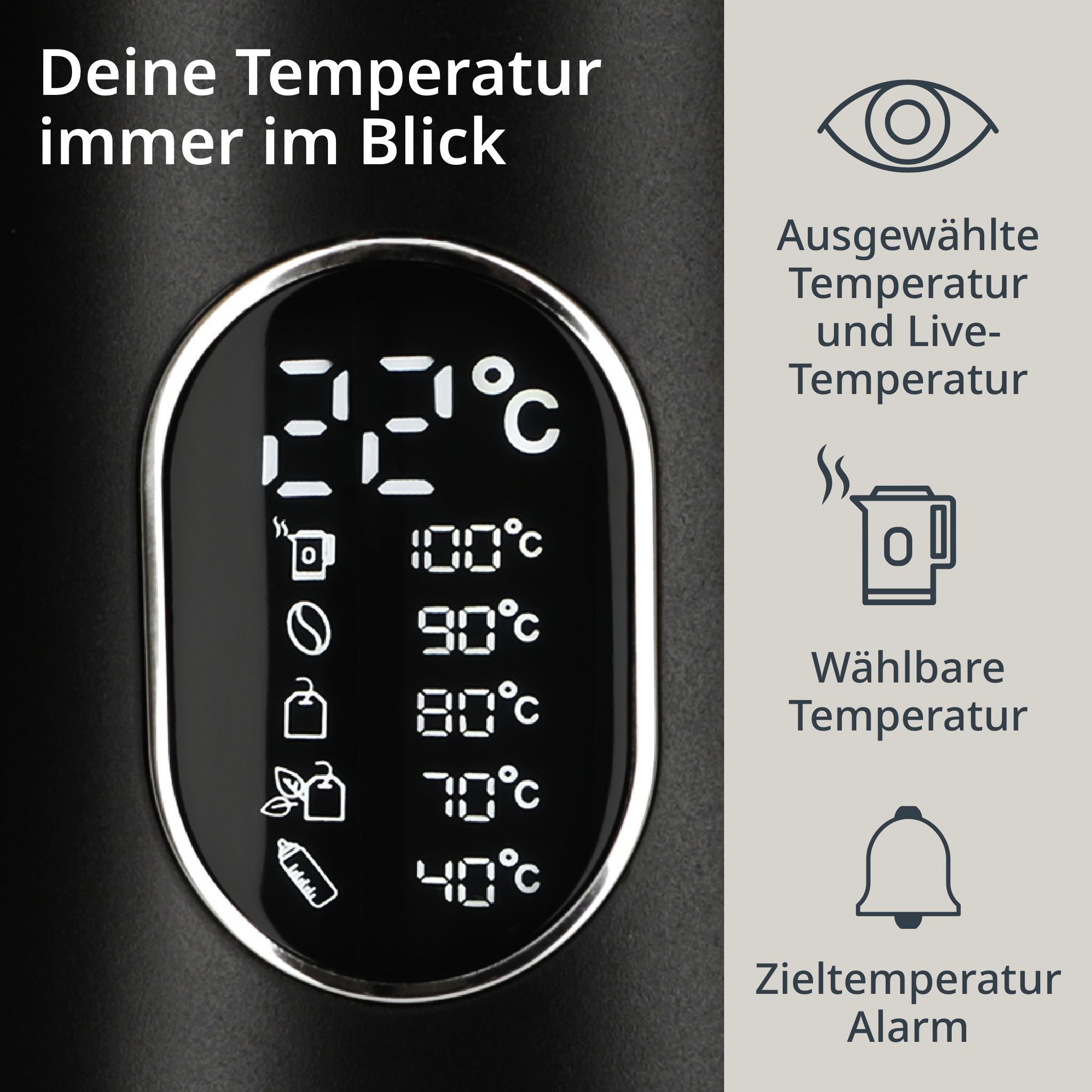 l, Energiesparender schwarz (40-100°C), Warmhalte-Funktion, mit & 1.5 LED-Display, Wasserkocher 1800 Temperatureinstellung ADE 1800 W W, 5 Temperaturstufen wählbare Wasserkocher