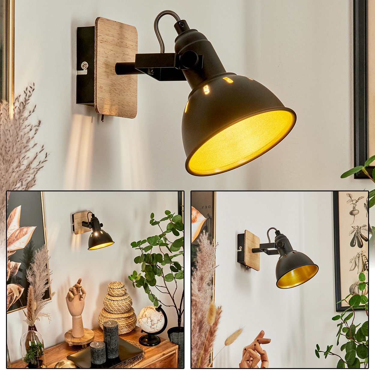 hofstein Wandleuchte »Arazane« Wandlampe aus Metall/Holz in Schwarz/Chrom/Gold/Hellbraun, ohne Leuchtmittel, verstellbar, Lichteffekt u. An-/Ausschalter, E14