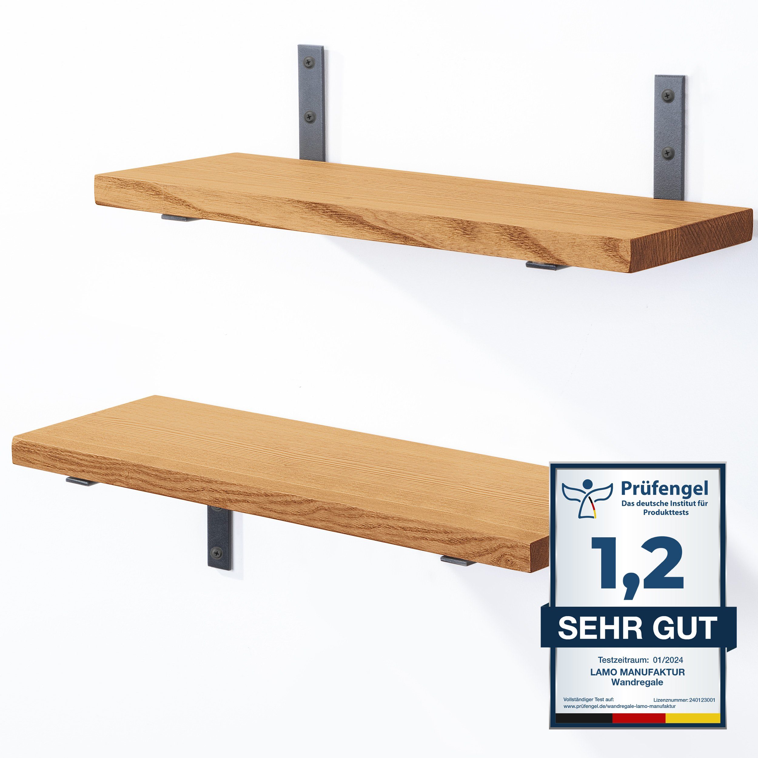 LAMO Manufaktur Wandregal LAMO Manufaktur 2 Stück Wandregal Holz 2x 42cm, Schweberegal Massiv 100% Echtholz, Wandregale SET 4 Gerade Farbe: Rustikal