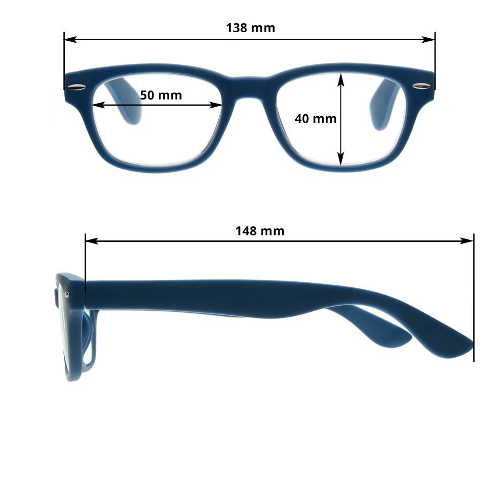 UrbanSky Lesebrille "AL", 4er-Set - Trapezform, Kunststoff, Federscharniere, inkl. Etui