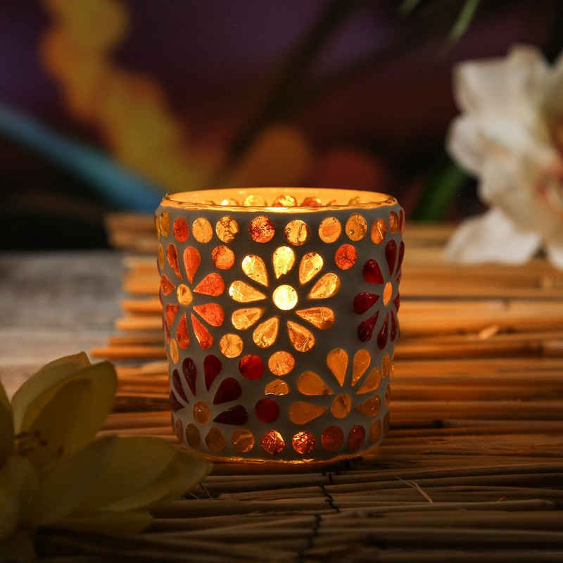 MARELIDA Windlicht Windlicht Mosaik Glas Blumen Motiv Teelichthalter H: 7cm D: 7cm bunt (1 St)