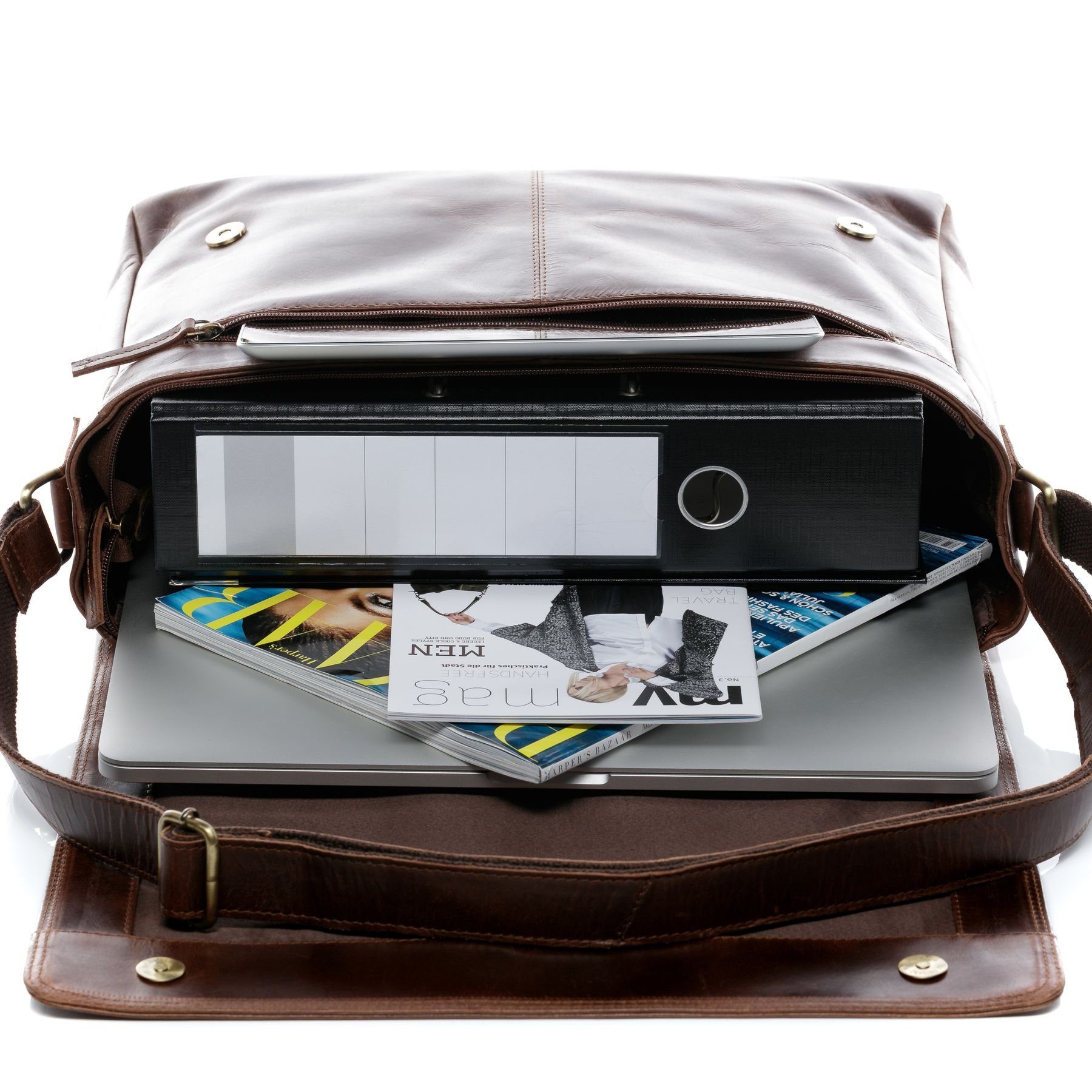 SID & VAIN Messenger Bag SPENCER XL groß Laptop-Tasche 15 Zoll echt Leder, Umhaengetasche Laptop Fach Herren Damen Schultertasche braun