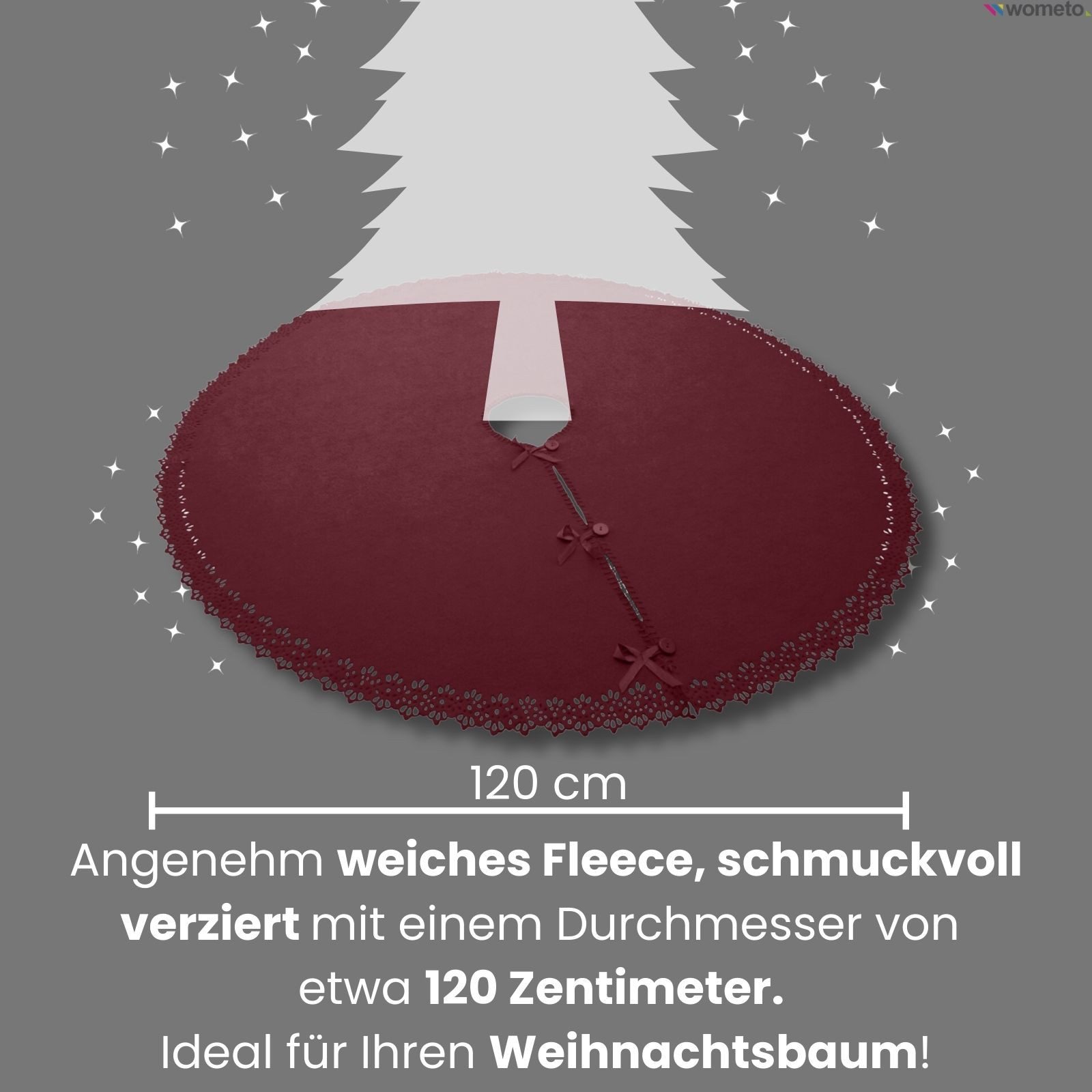 wometo Baumteppich Weihnachtsbaumdecke / Baumunterlage mit Knöpfen & Satin-Schleifen, Rund, OEKO-TEX®, Tannenbaum-Decke mit Knöpfen & Satin-Schleifen