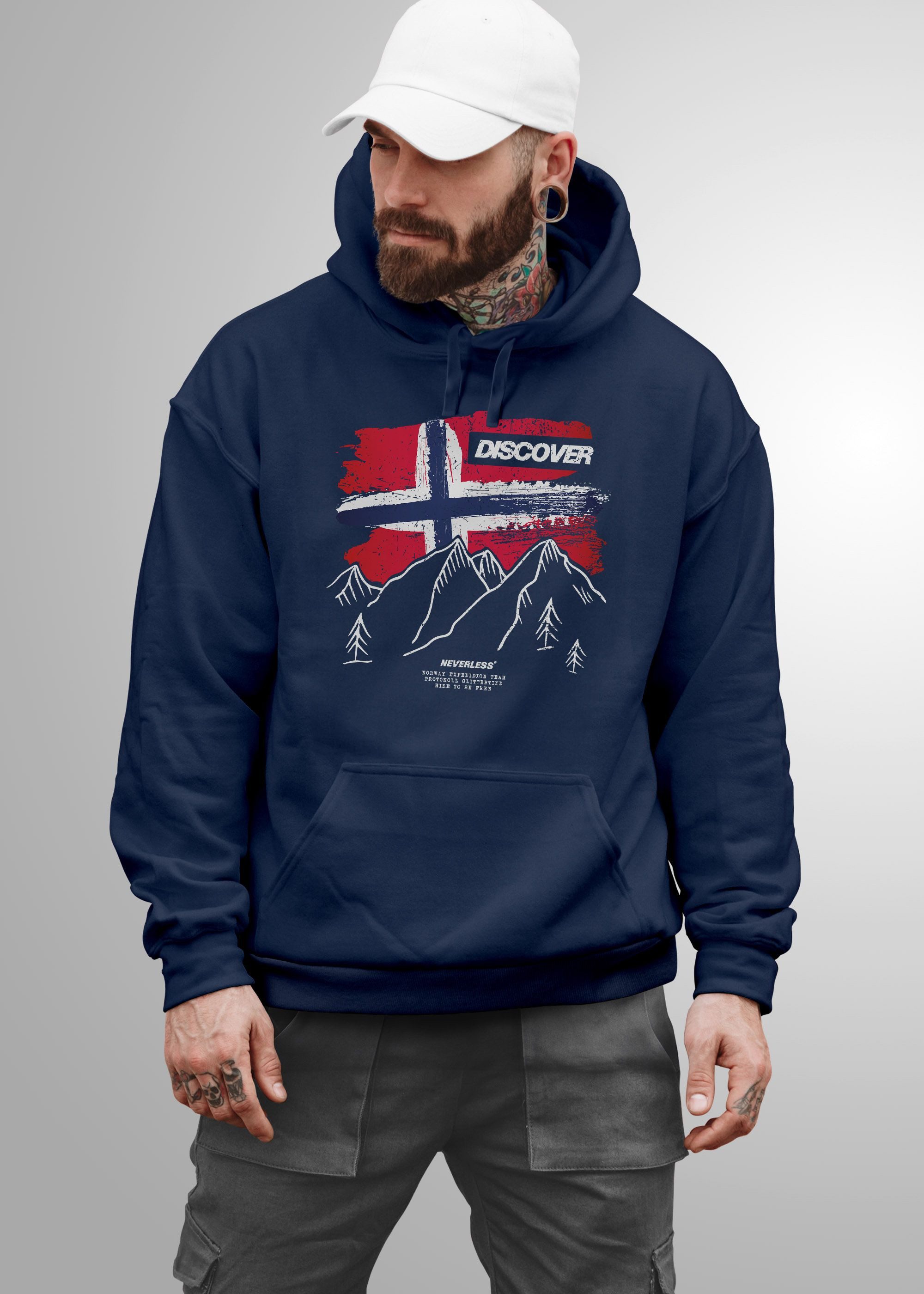 Neverless Hoodie Hoodie Herren Frontprint Norwegen Flagge Berge Discover Aufdruck – Bild 4 von 4