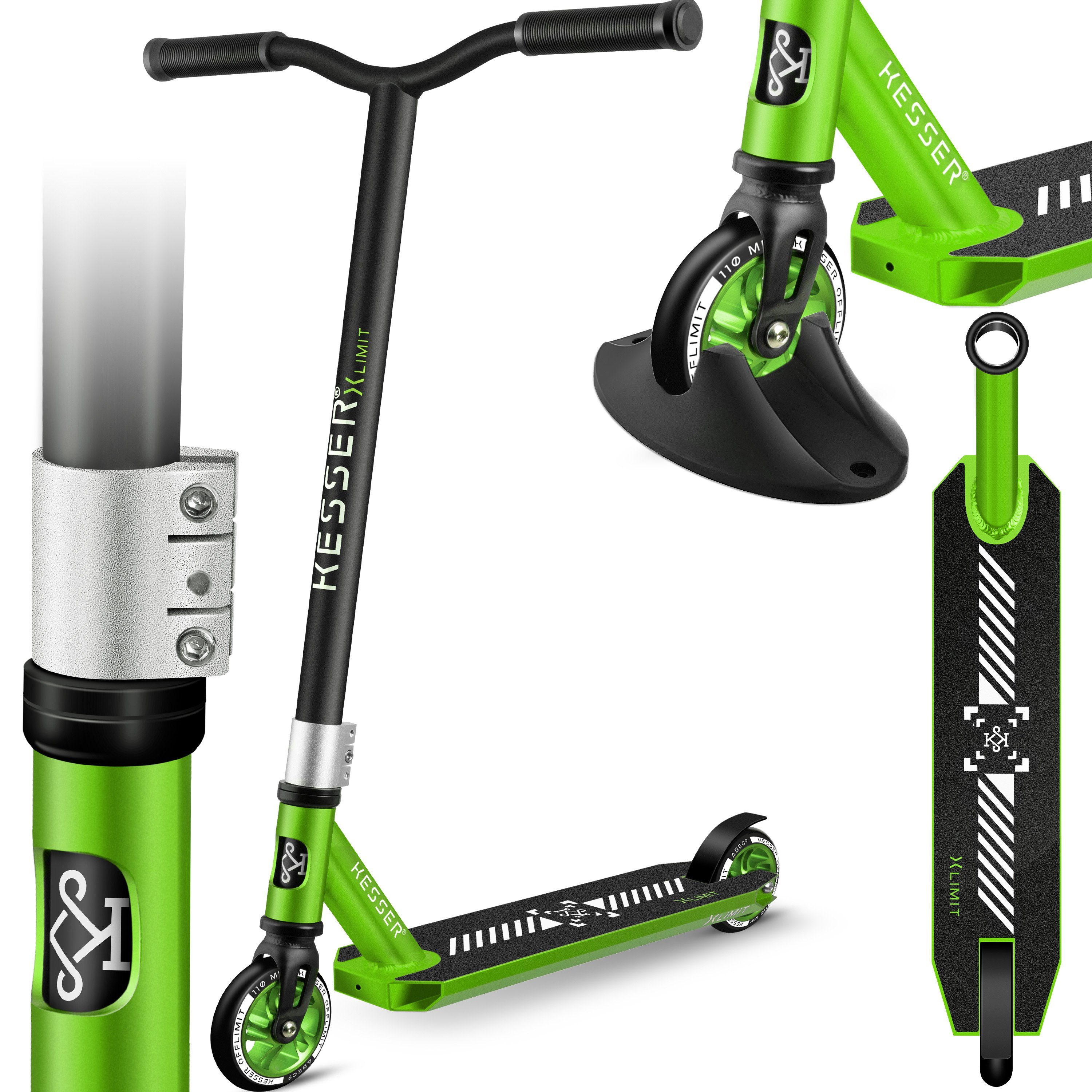 X-Limit-Pro KESSER Lime Stunt Scooter, Scooter 360° Green Funscooter Lenkung Stuntscooter