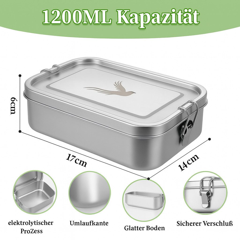 Little Lorien Lunchbox Brotdose Edelstahl 1200ml, 2 Fächer, Besteck, Trennwand & Servietten, Edelstahl, (5-tlg., 1 Brotdose, 1 Trenner, 1 Campingbesteck, 10 Papierservietten, 1 Sauce-Dose), Wiederverwendbar,auslaufsicher,Campingbesteck,Edelstahl,leicht,rubust