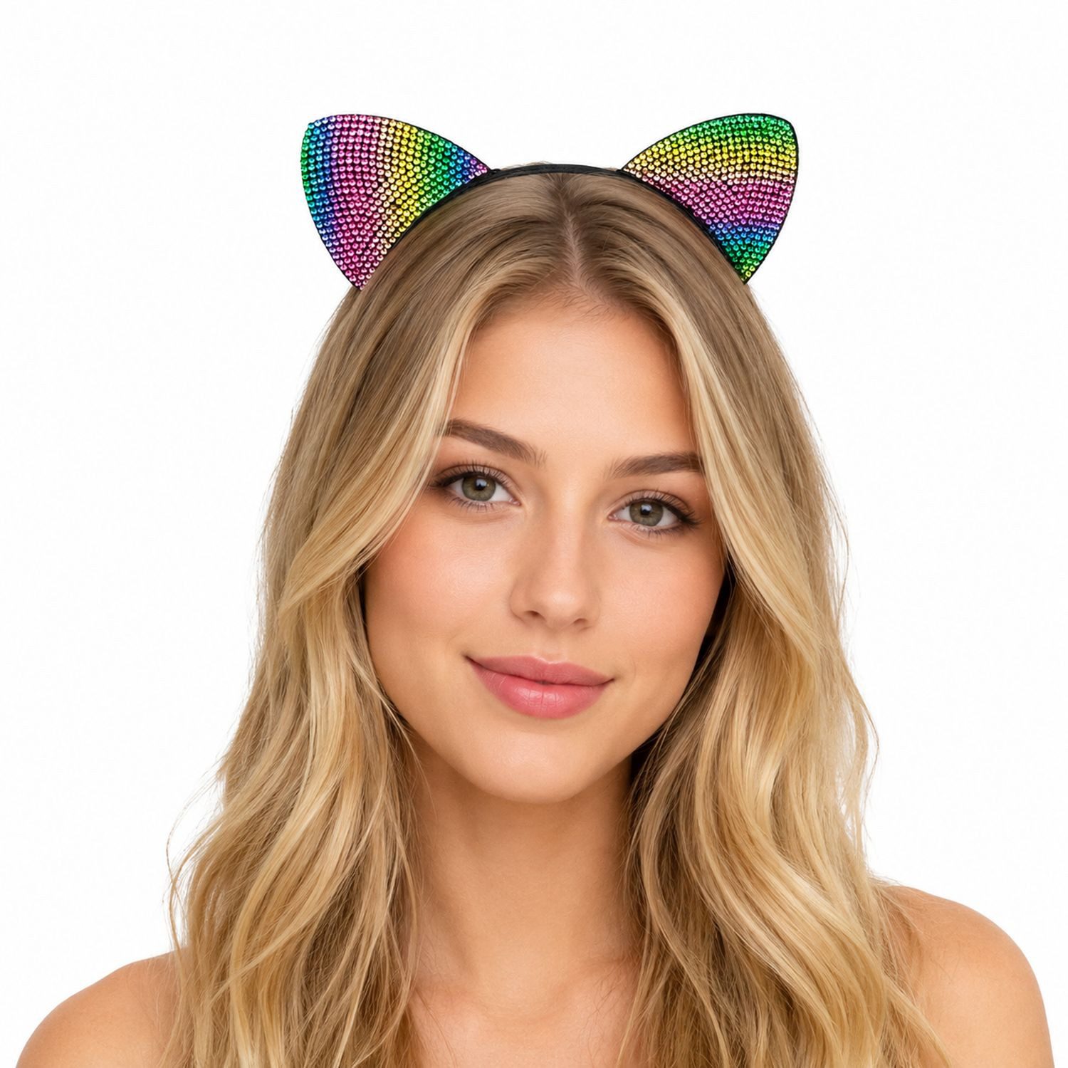 Kostüm Haarreif mit Katzenohren 'Rainbow', Glitzer Bunt