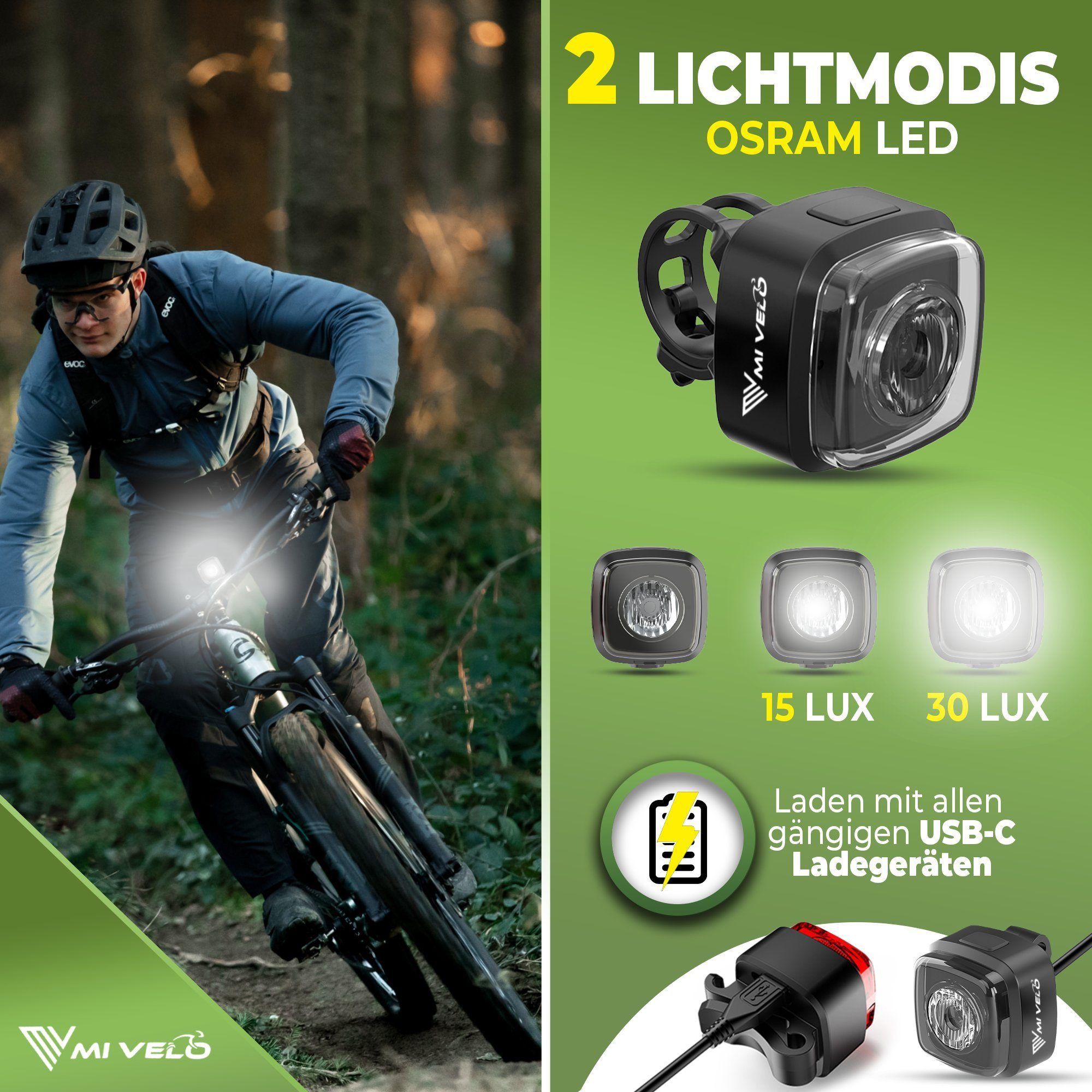 MIVELO Fahrradbeleuchtung CUBE Fahrradlicht Set LED - Akku USB aufladbar wasserdicht, OSRAM LED