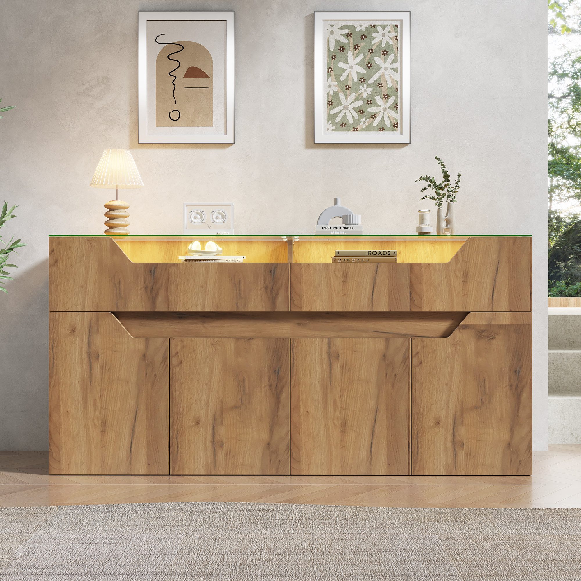 Merax Sideboard mit LED-Beleuchtung, Aufbewahrungsschrank Buffetschrank Anrichte (1 St), Kommode mit 2 Schubladen, 4 Türen, gehärteter Glasplatte & Stauraum