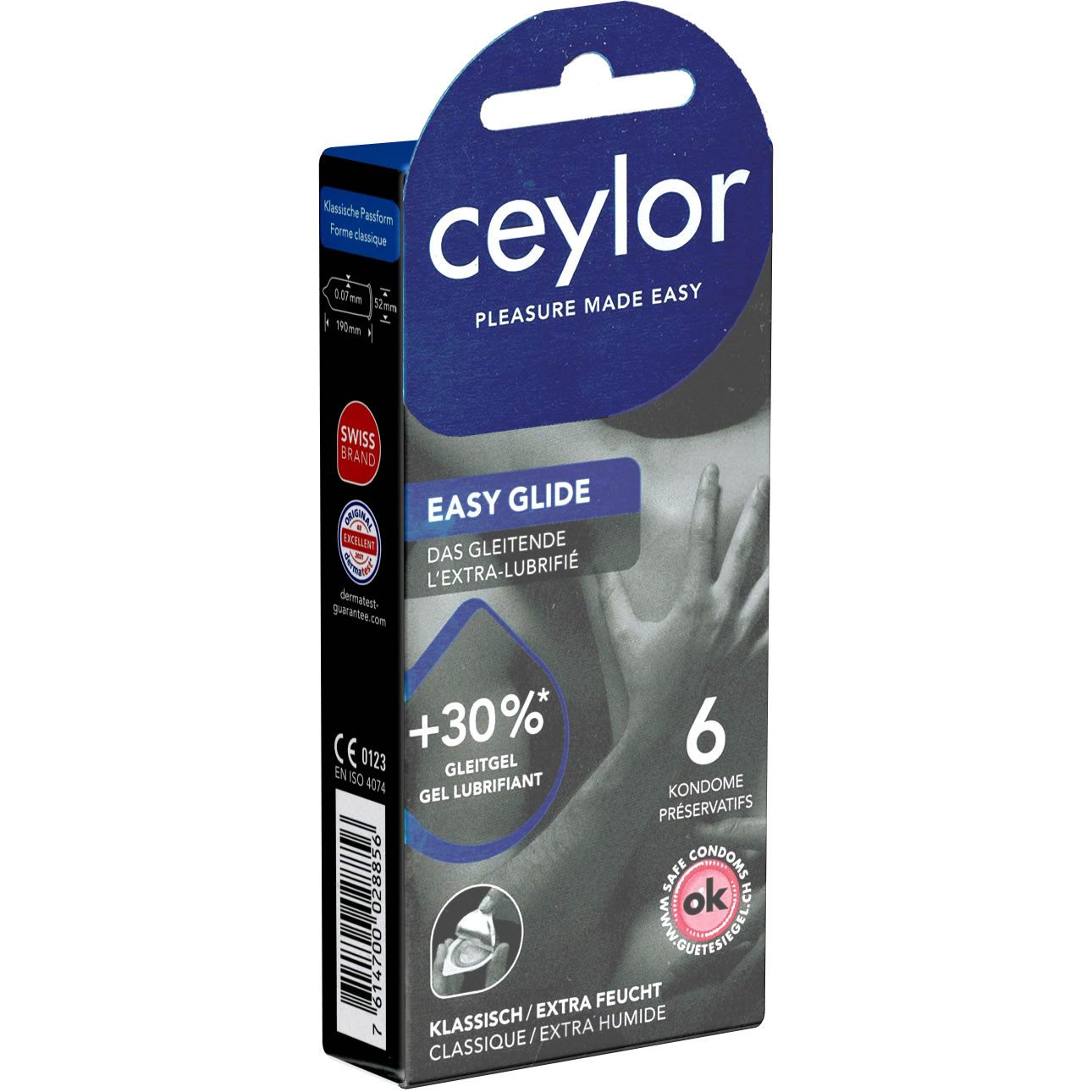 Ceylor Kondome Easy Glide (extra feuchte Kondome mit 30% mehr Gleitmittel) Packung mit, 6 St., gefühlsintensive Kondome, Premium-Qualität aus der Schweiz, im hygienischen "Dösli", einfach zu öffnen, schnelleres Überziehen