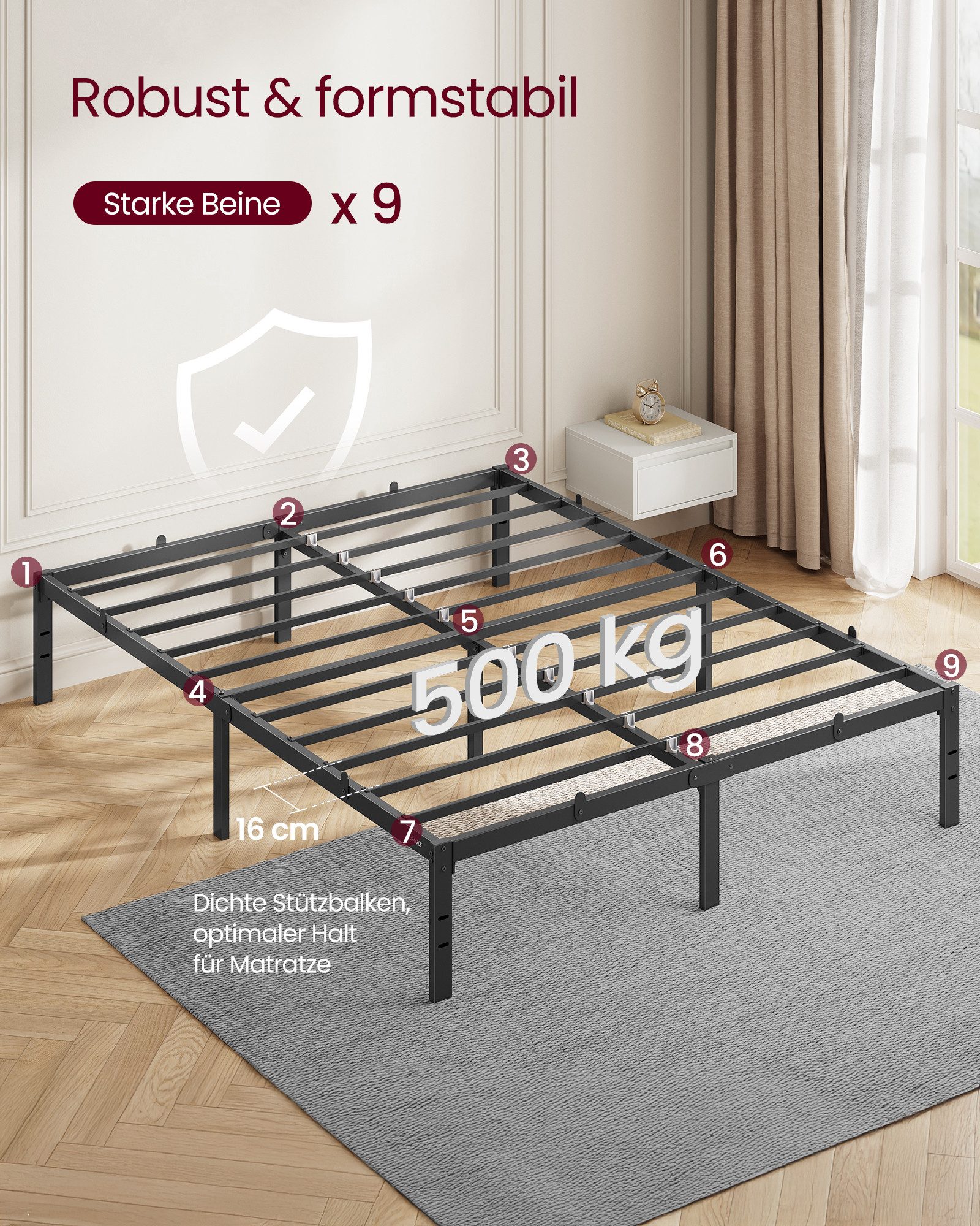 VASAGLE Bettgestell Doppelbettgestell Metallbett (140 x 200 cm, 35.6 cm H, geräuscharm), 140 x 200 cm, einfacher Aufbau, modern, Bett, Bettrahmen, Gästebett – Bild 4 von 5