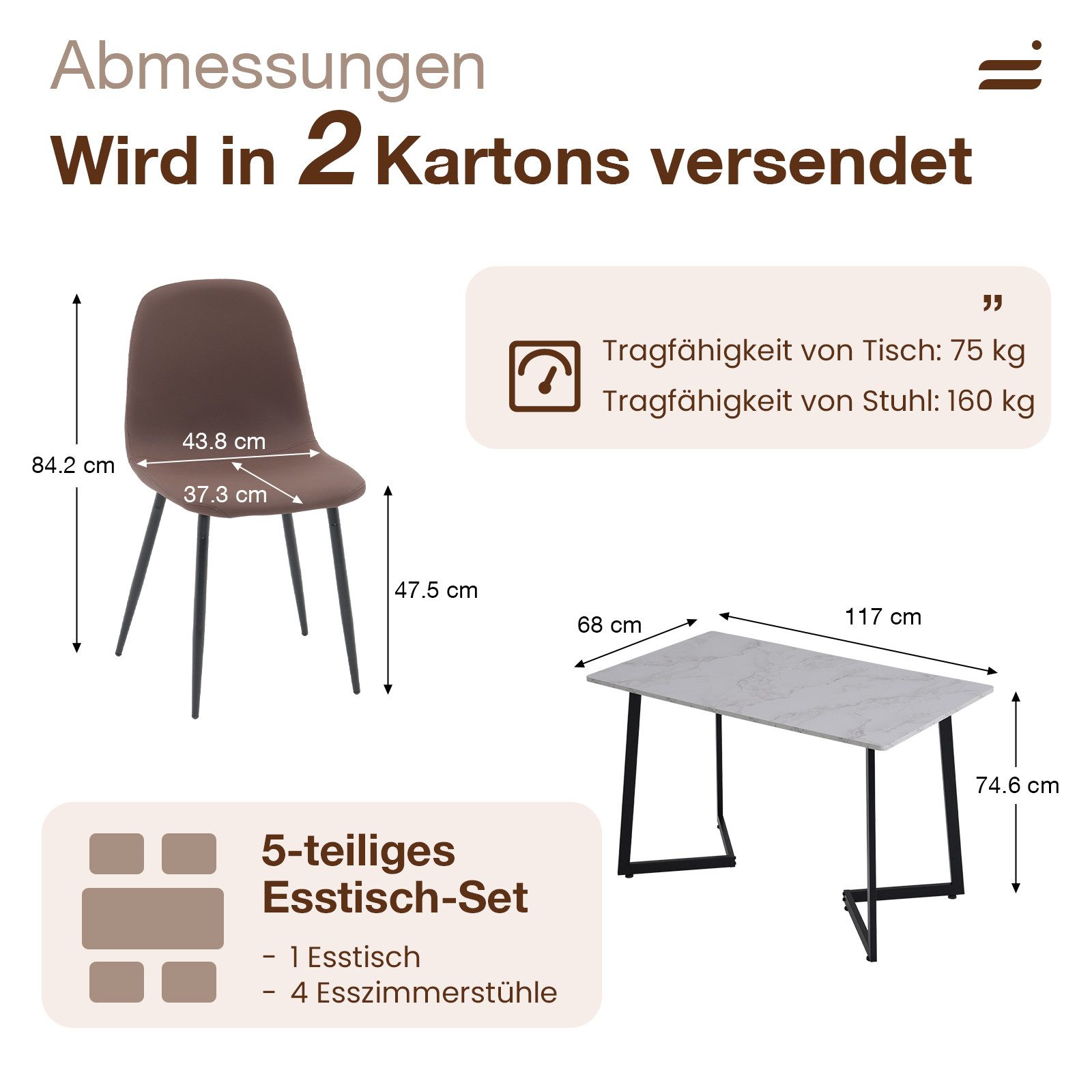 JOIVI Esstisch 5-Teiliges Esstisch Set mit 4 Stühle (Beine aus Metall, mit günstig online kaufen