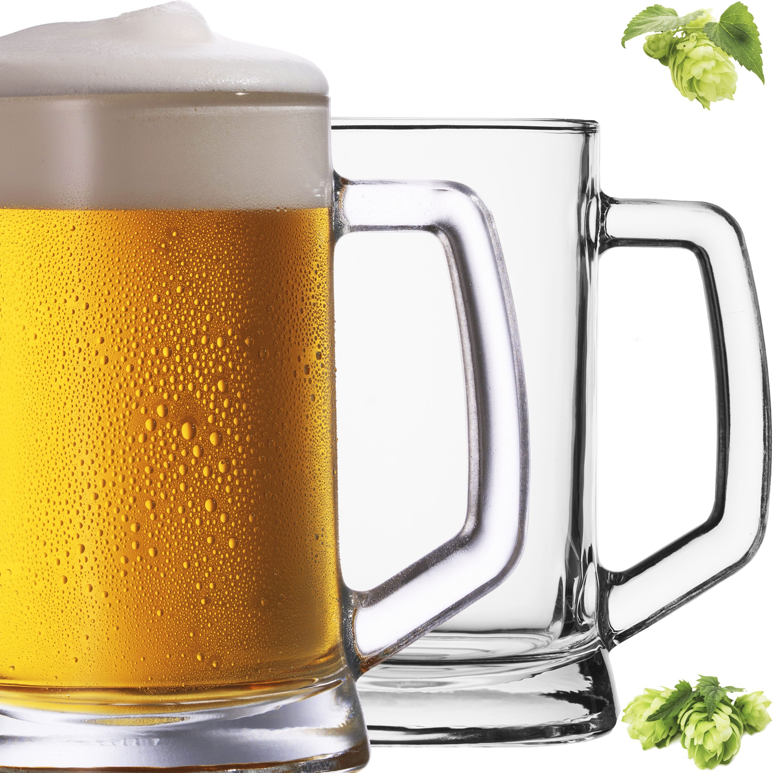 PLATINUX Bierglas Bierseidel mit Henkel Set 2 Teilig, Glas, 0,5 Liter Bierkrüge Biergläser Maßkrug Beer