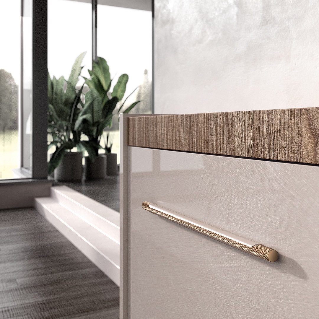 Interdesign24 Sideboard Amalfi (mit 3 Türen, in Beige/Walnussholzoptik Hochglanz), Made in Italy