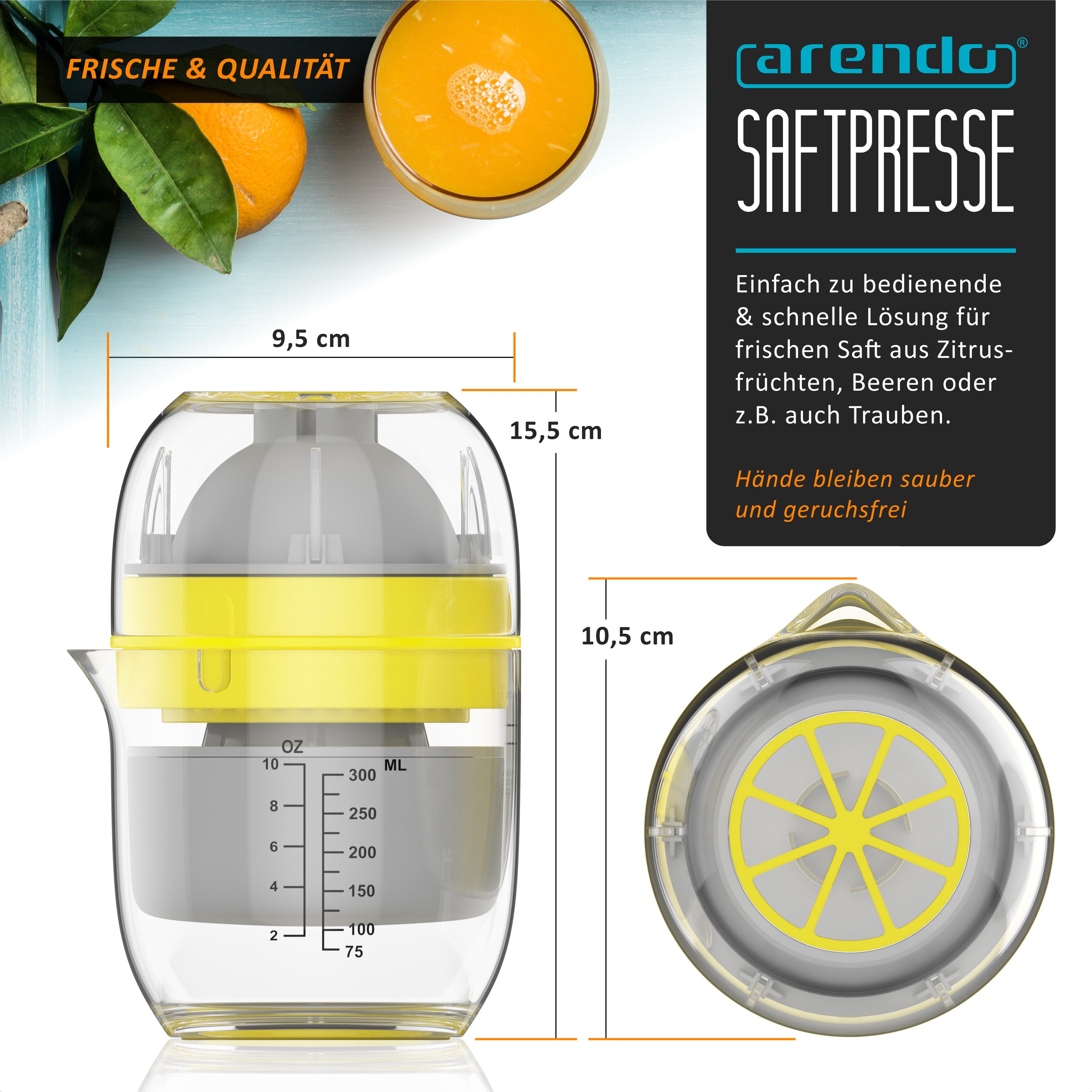 Arendo Zitruspresse Saftpresse, Entsafter manuell, Limettenpresse, Zitronenpresse, 300 ml, für frische Obst- & Gemüsesäfte, Zitronen, Grapefruit, Blaubeeren etc.
