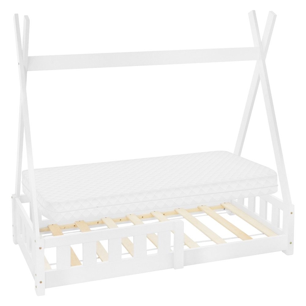 ML-DESIGN Spielbett Hausbett Tipi Zeltbett inkl. Lattenrost Bodenbett Kinder Himmelbett, Abenteuerbett mit Rausfallschutz Zelt Bett Kiefer Weiß Kinderhaus