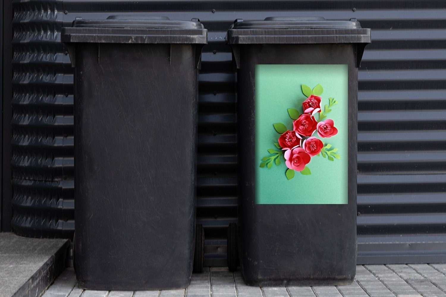 Hintergrund grünem MuchoWow (1 Papierkunst Sticker, Blumen St), Mülltonne, Abfalbehälter Container, Wandsticker auf Mülleimer-aufkleber,
