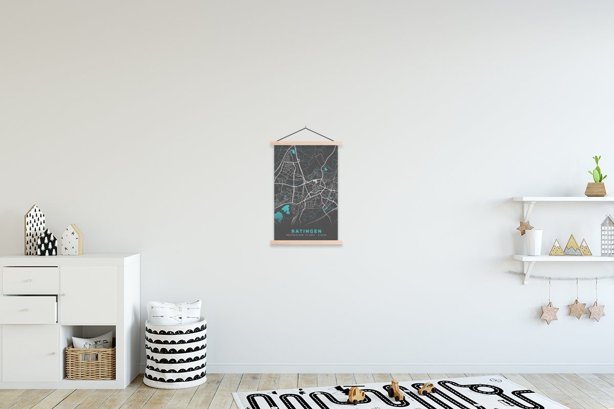wertlos MuchoWow Poster Wohnzimmer, Magnetisch St), Stadtplan Textilposter Karte Ratingen, - - Bilderleiste, (1 Posterleiste, - Deutschland für Blau 