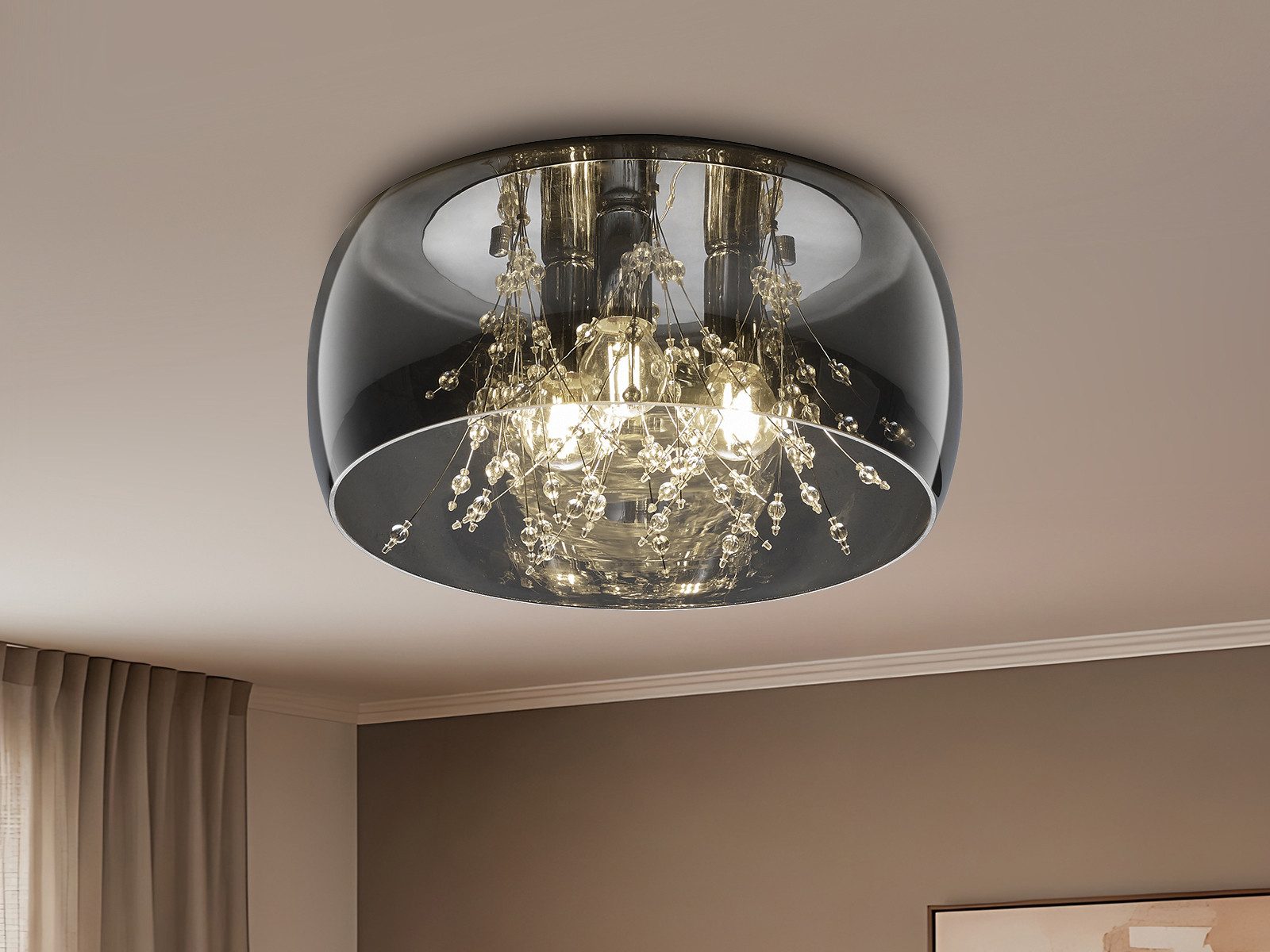 TRIO Leuchten LED Deckenleuchte, Dimmfunktion, LED wechselbar, Warmweiß, Luxuslampen Lampenschirm Rauchglas Designerlampen übern Esstisch Ø34cm