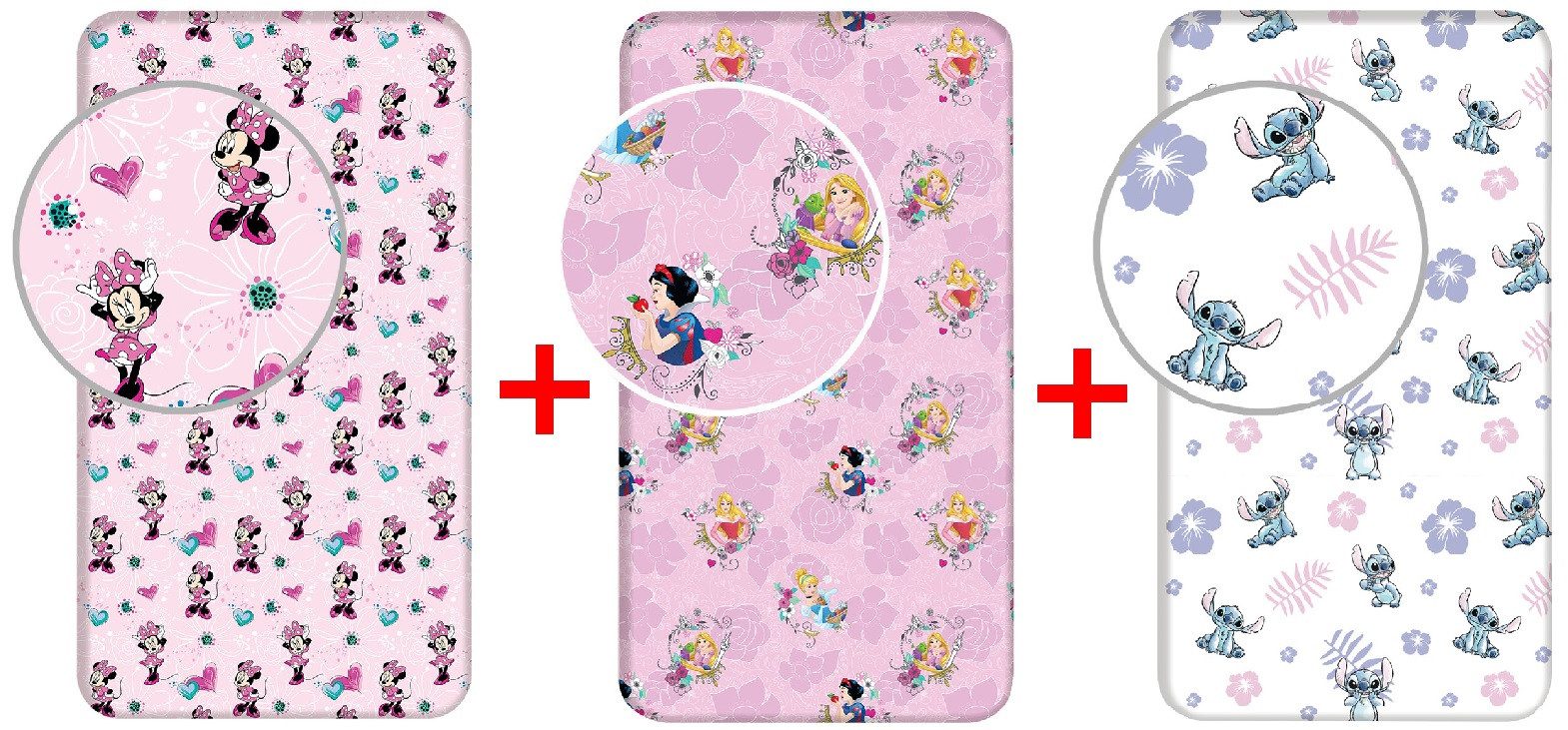 Disney Spannbettlaken Disney Minnie Maus + Cinderella + Lilo & Stitch Betttuch 3er-Set, Renforcé, (3 Stück)