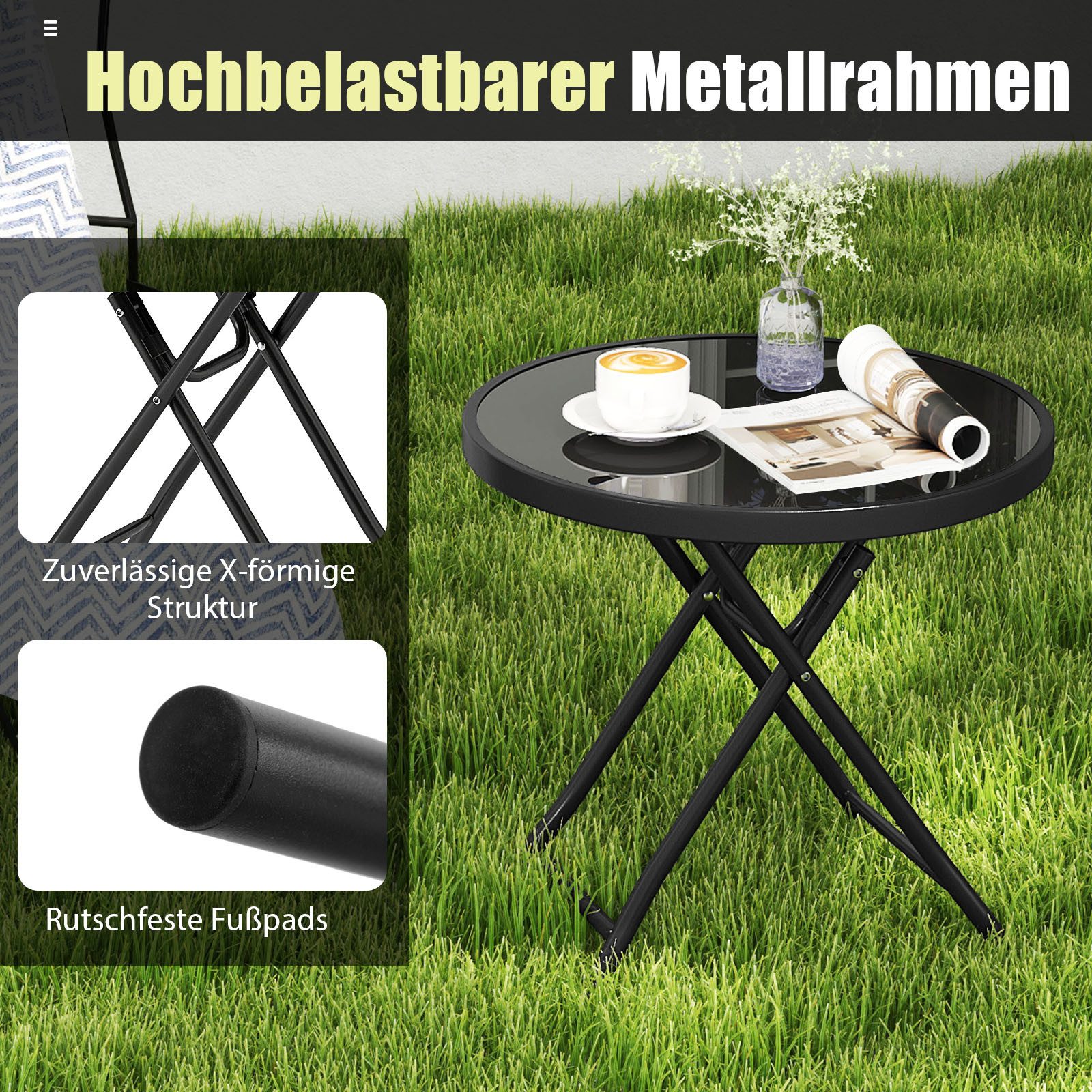 KOMFOTTEU Gartentisch, Beistelltisch klappbar aus Metall, rund