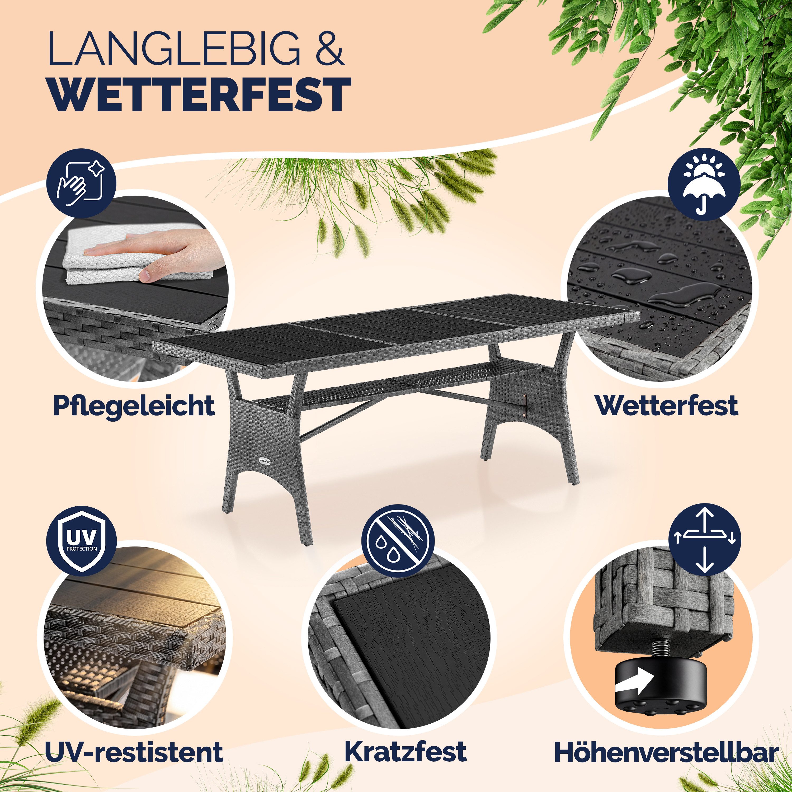 Casaria Gartentisch (1-St), Wetterfest 190x90x75cm WPC Tischplatte Polyrattan inkl. Ablage