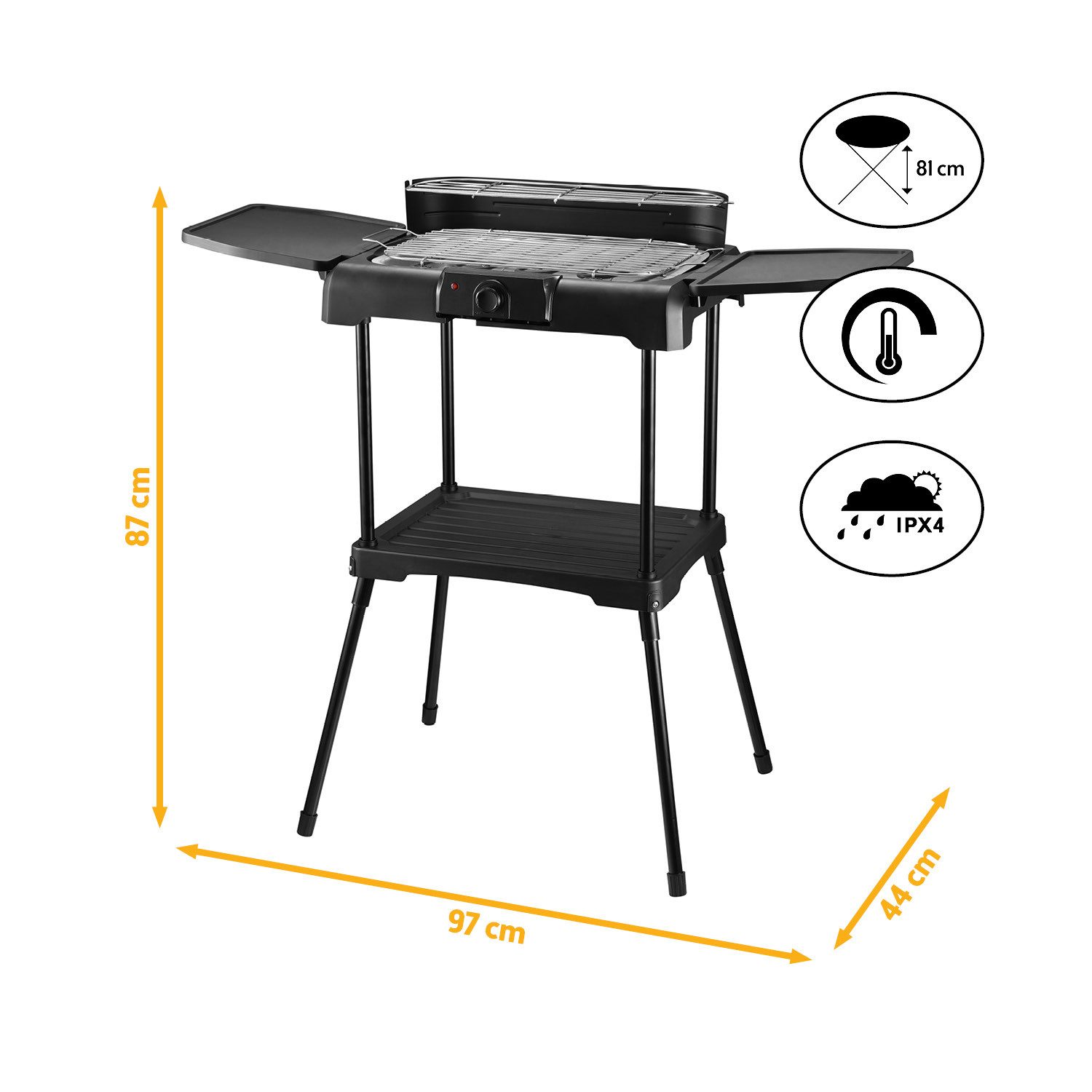TZS FIRST AUSTRIA Elektrogrill 2200W, Standgrill mit Temperaturregler & Wärmereflektor, 2000 W, 2-in-1 Elektro-Standgrill & Tischgrill, Windschutz & IPX4 Schutz