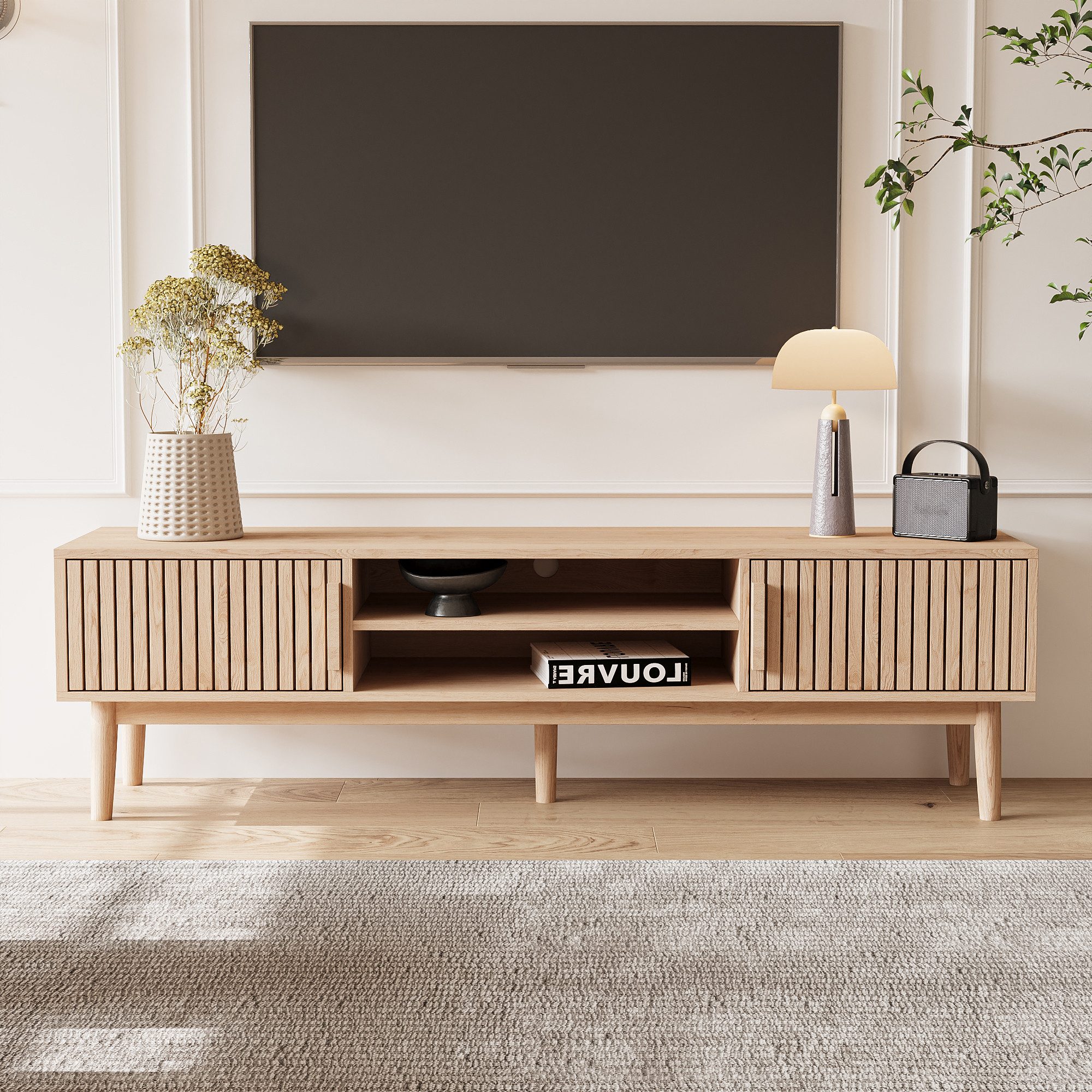 FUROKOY Lowboard aus Rattan Wohnzimmertisch Couchtisch aus Holz, TV-Schrank mit 2 Türen, 2 Ablagen, Breite 150cm für 65 Zoll Fernseher