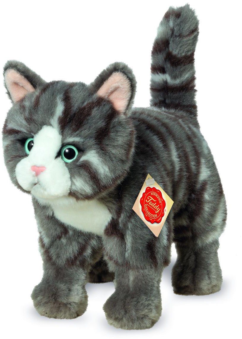 Teddy Hermann® Kuscheltier Katze stehend grau getigert, 20 cm, zum Teil aus recyceltem Material