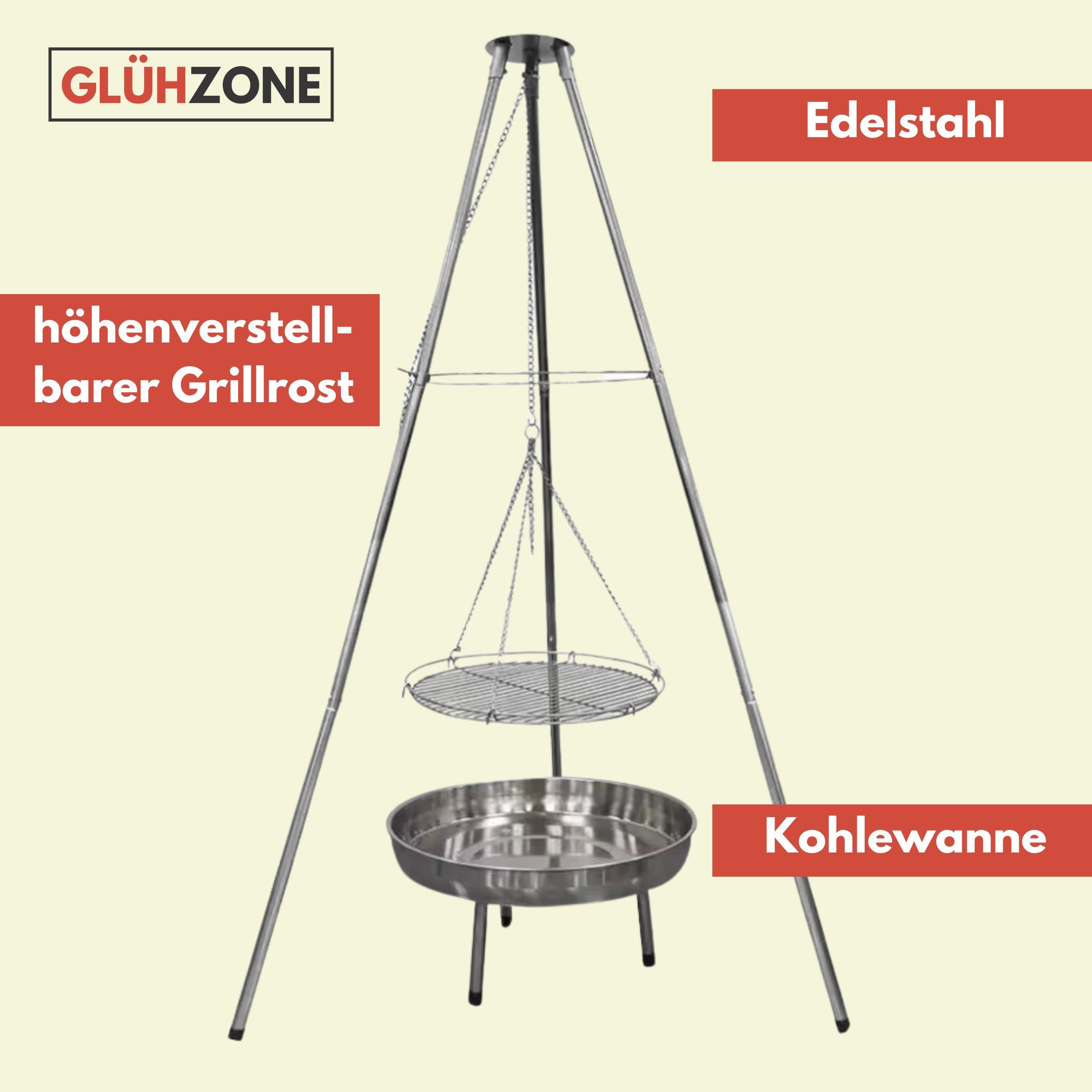 GLÜHZONE Holzkohlegrill HKG 100, Edelstahl Schwenkgrill, Holzkohlegrill mit Feuerschale